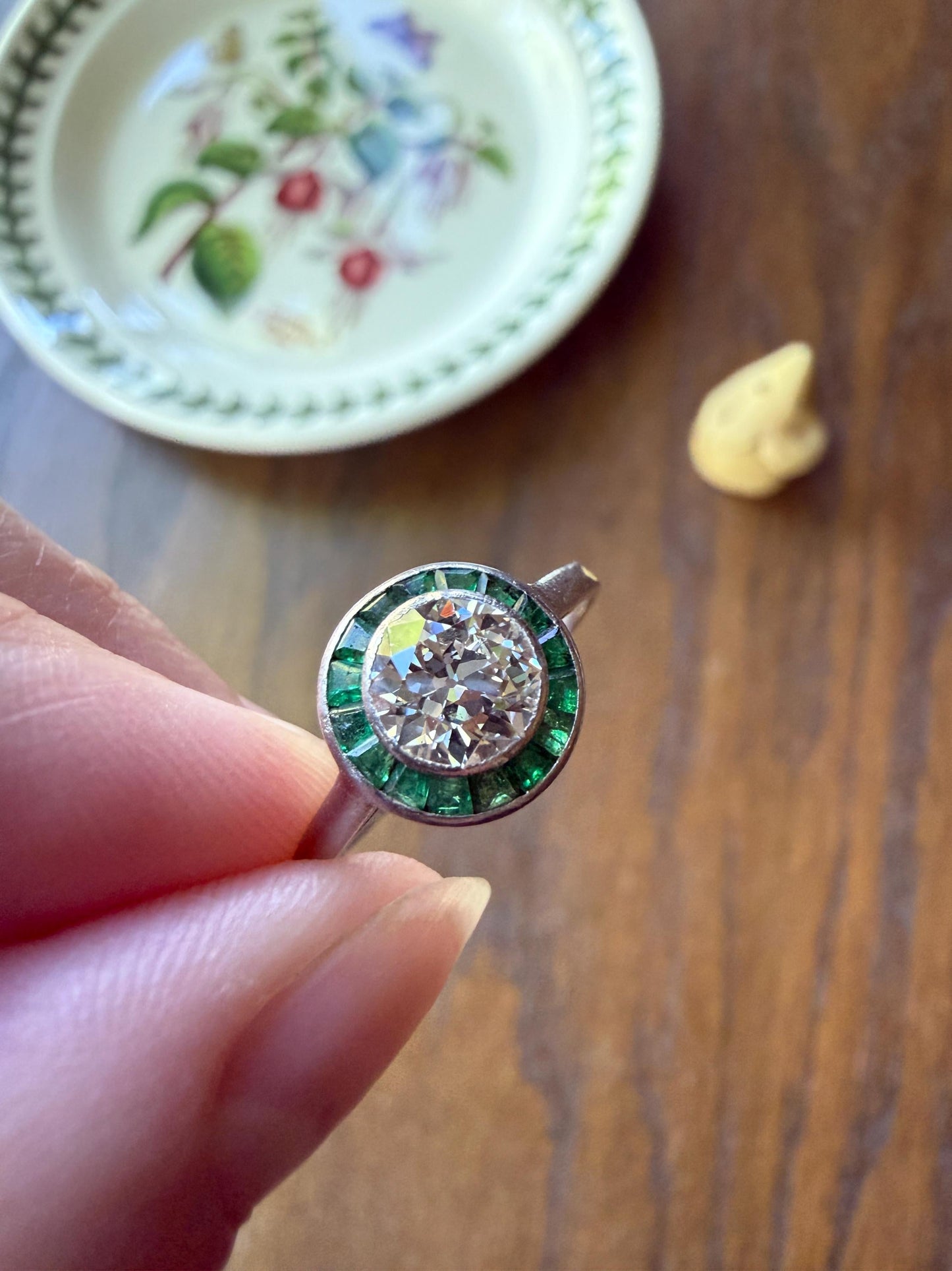Antique 1.1 Carat Old European Cut DIAMOND Emerald Halo PLATINUM French Antique Green Target Bullseye Ring Stacker