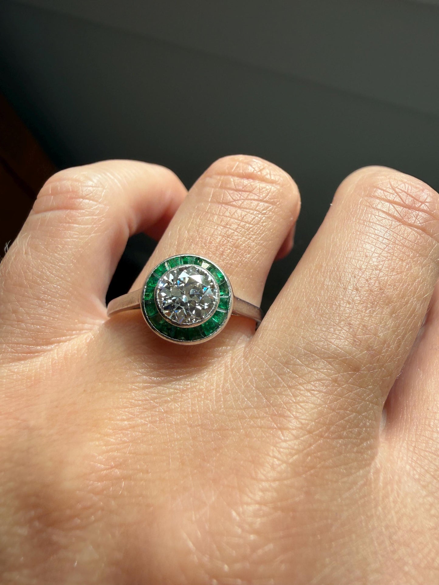 Antique 1.1 Carat Old European Cut DIAMOND Emerald Halo PLATINUM French Antique Green Target Bullseye Ring Stacker