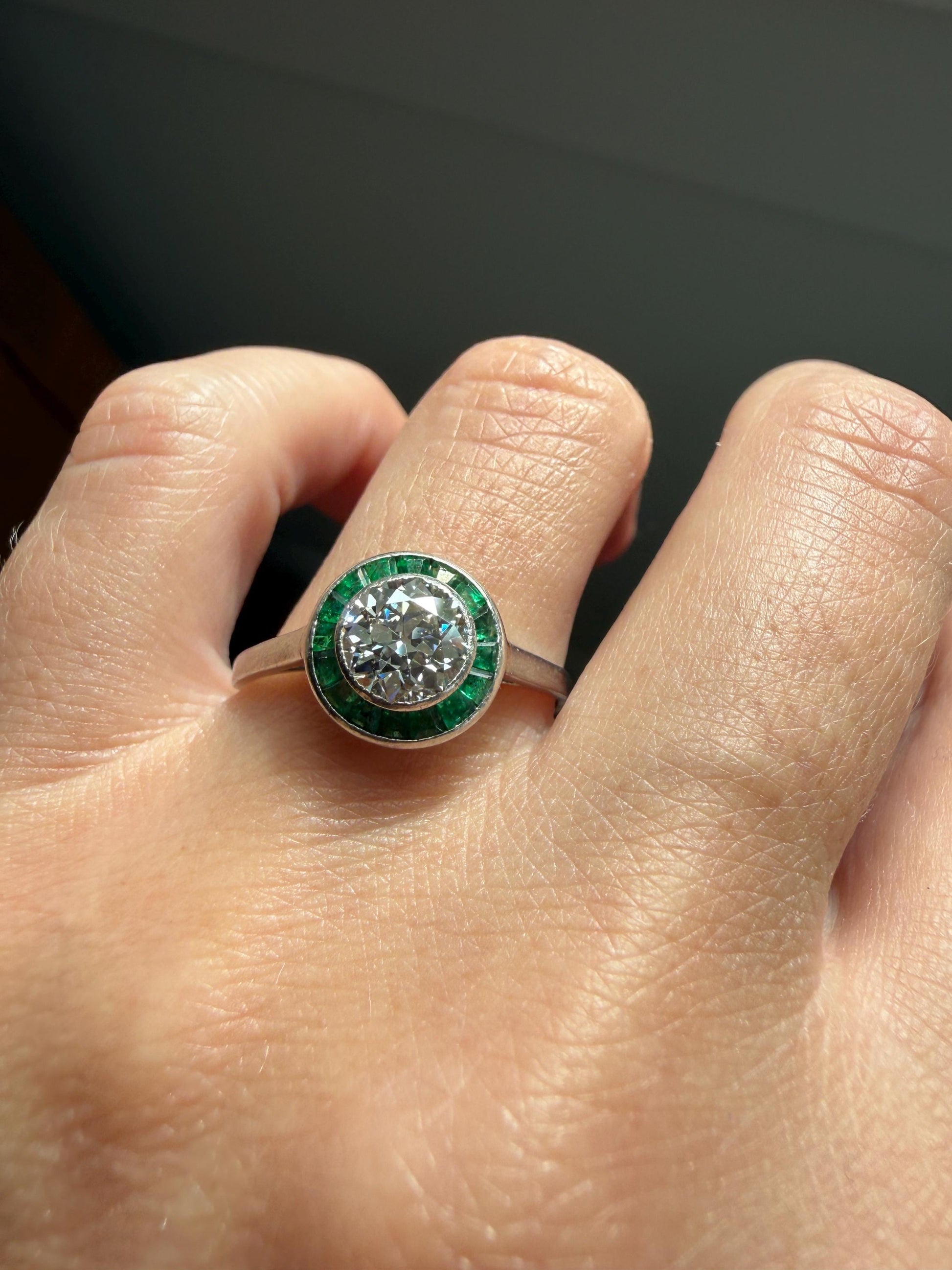 Antique 1.1 Carat Old European Cut DIAMOND Emerald Halo PLATINUM French Antique Green Target Bullseye Ring Stacker