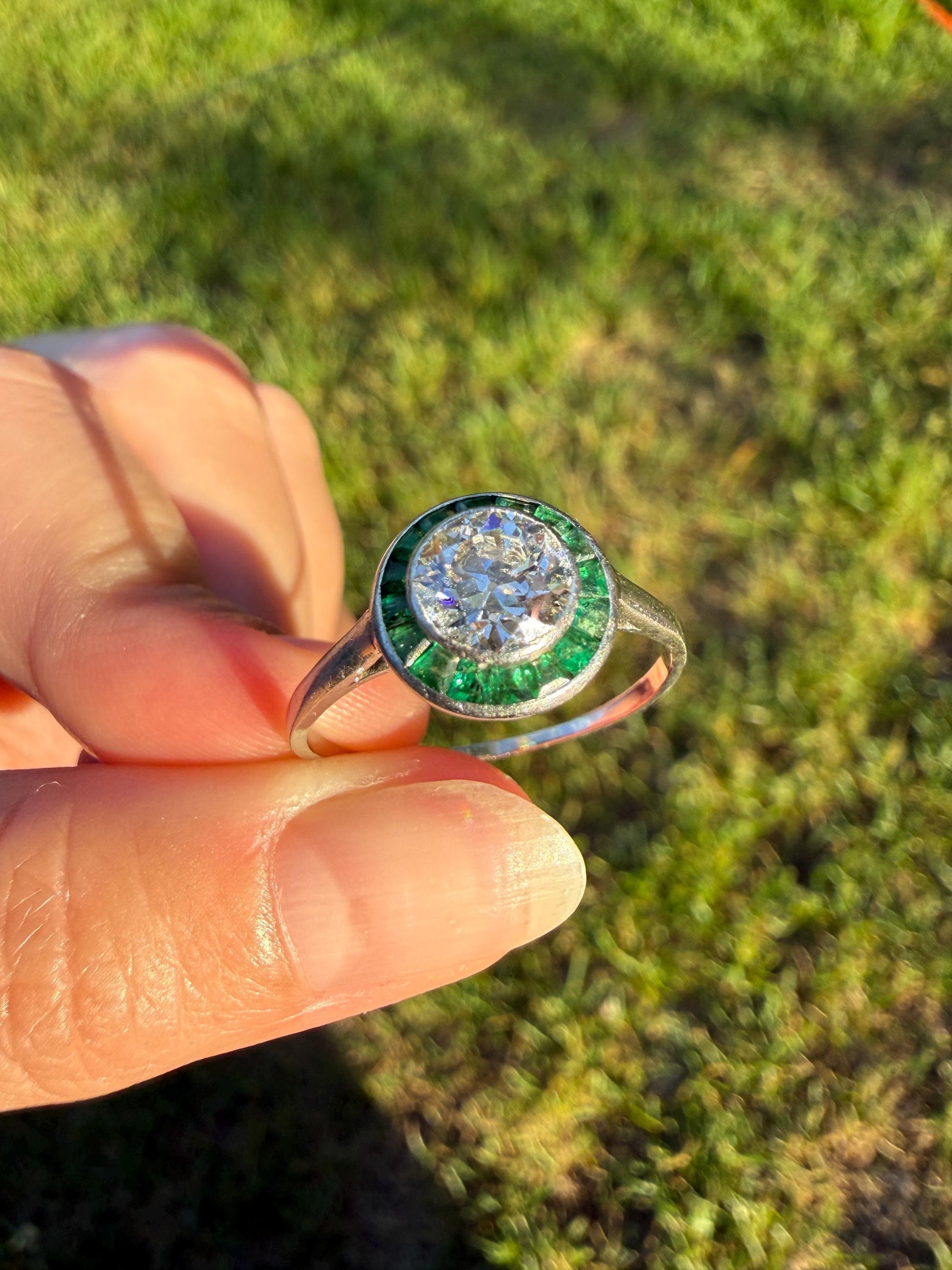 Antique 1.1 Carat Old European Cut DIAMOND Emerald Halo PLATINUM French Antique Green Target Bullseye Ring Stacker