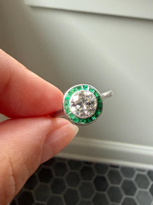Antique 1.1 Carat Old European Cut DIAMOND Emerald Halo PLATINUM French Antique Green Target Bullseye Ring Stacker