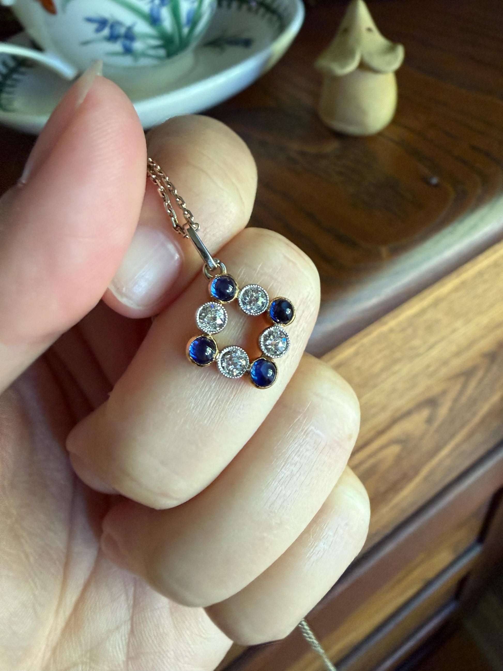 Antique Natural Sapphire .8 Carat Old Mine Cut DIAMOND Pendant on Chain Necklace French Art Deco 18k Gold Platinum Geometric Glowing Blue