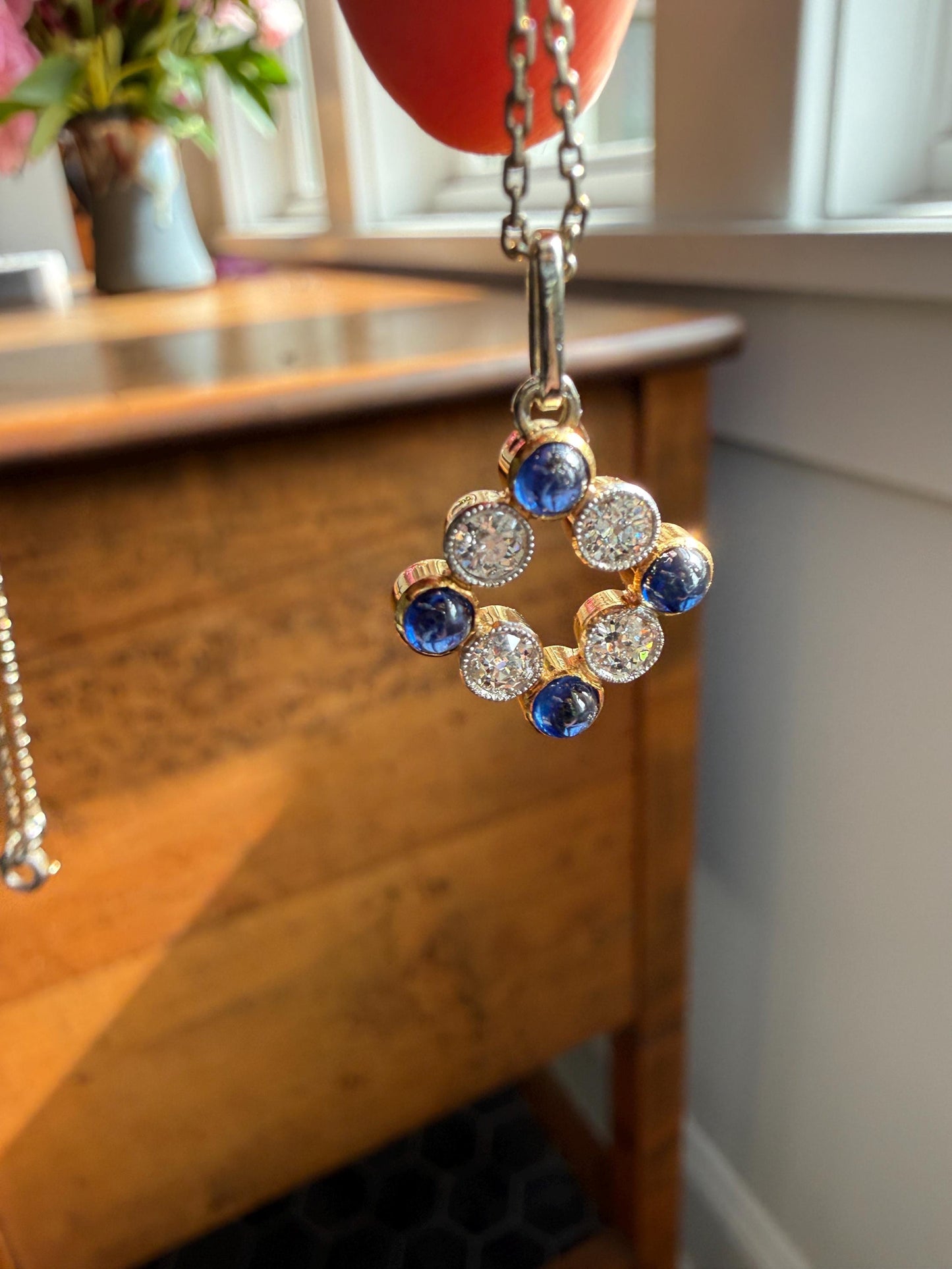 Antique Natural Sapphire .8 Carat Old Mine Cut DIAMOND Pendant on Chain Necklace French Art Deco 18k Gold Platinum Geometric Glowing Blue