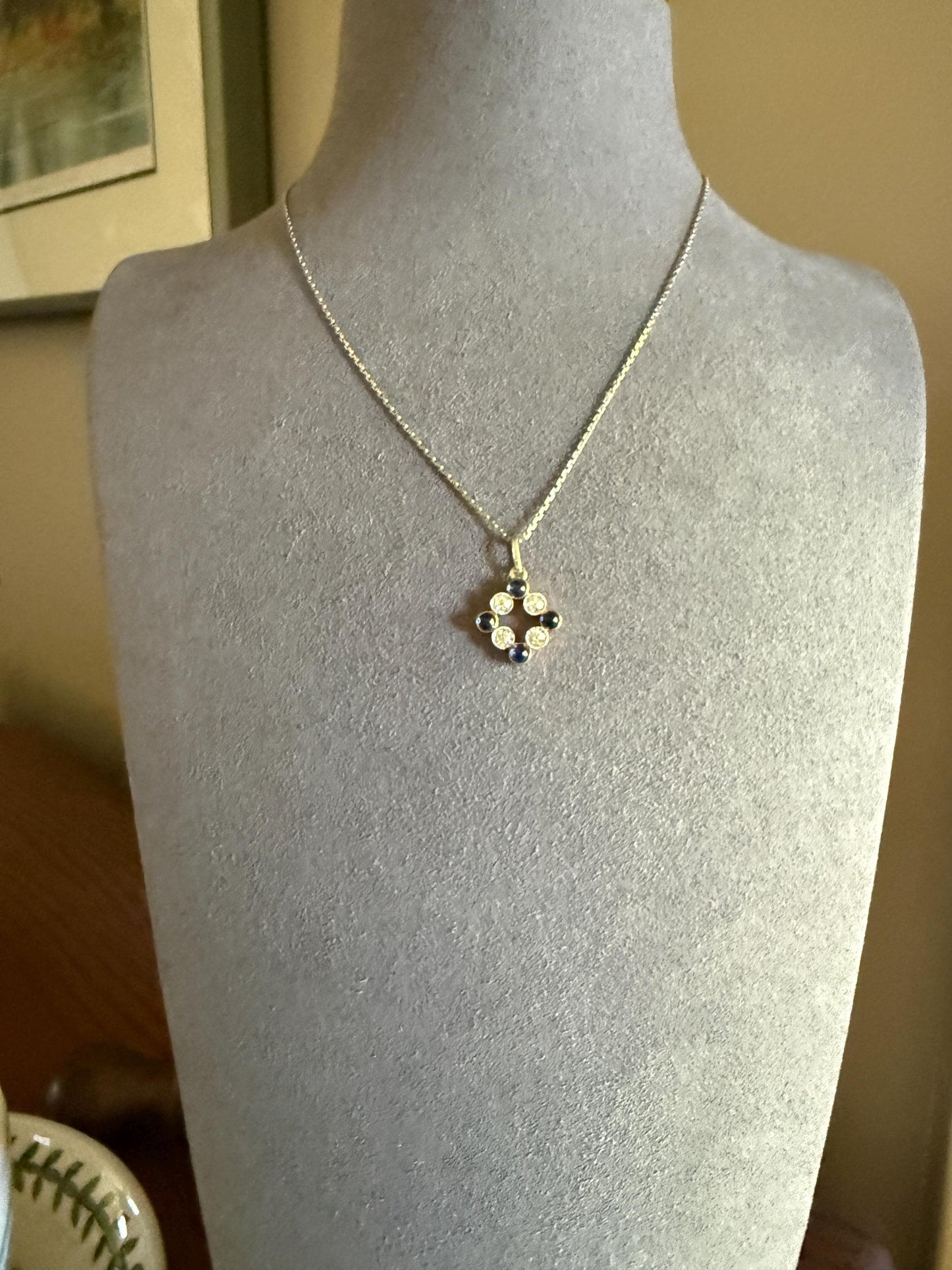 Antique Natural Sapphire .8 Carat Old Mine Cut DIAMOND Pendant on Chain Necklace French Art Deco 18k Gold Platinum Geometric Glowing Blue
