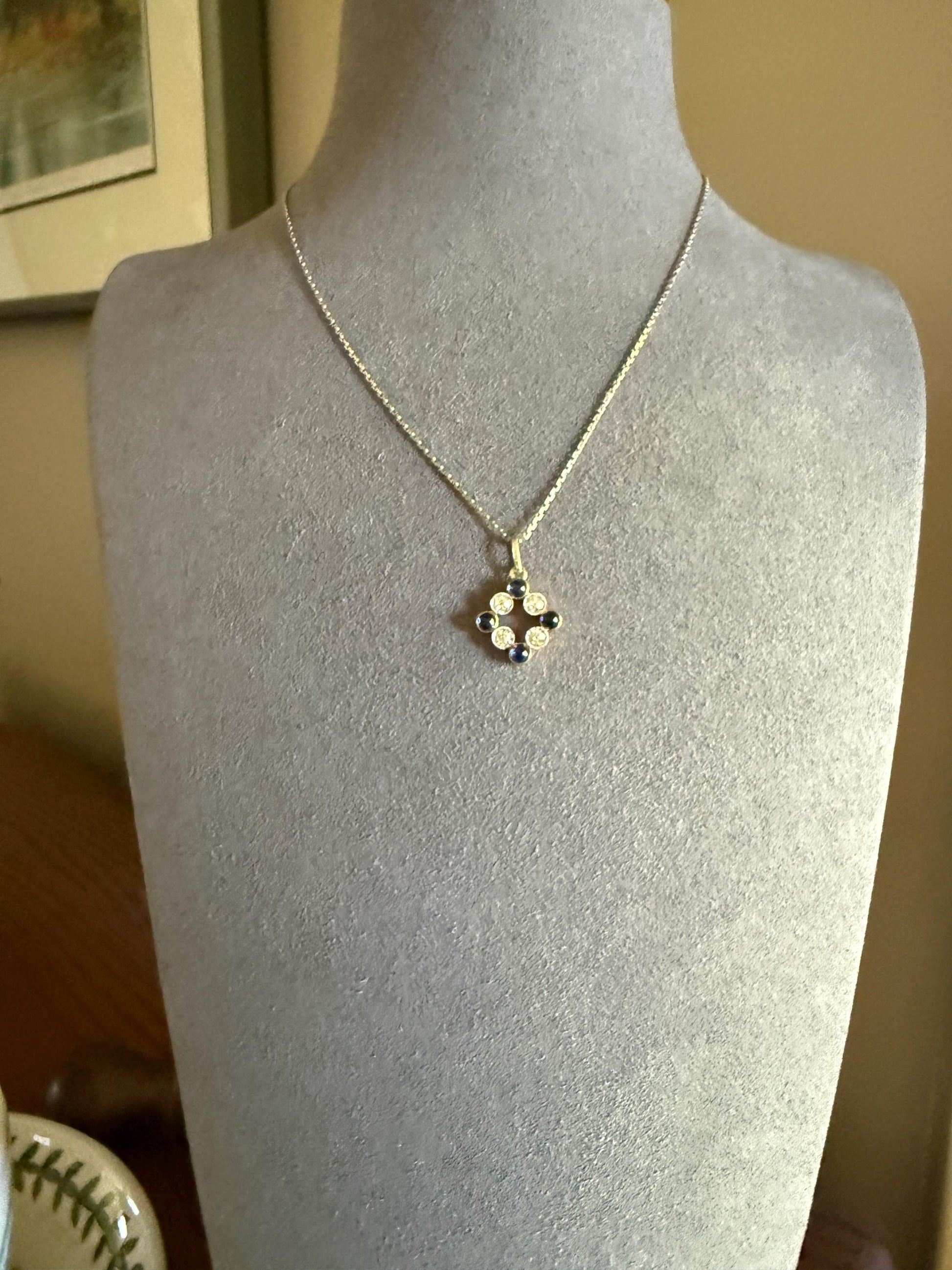 Antique Natural Sapphire .8 Carat Old Mine Cut DIAMOND Pendant on Chain Necklace French Art Deco 18k Gold Platinum Geometric Glowing Blue