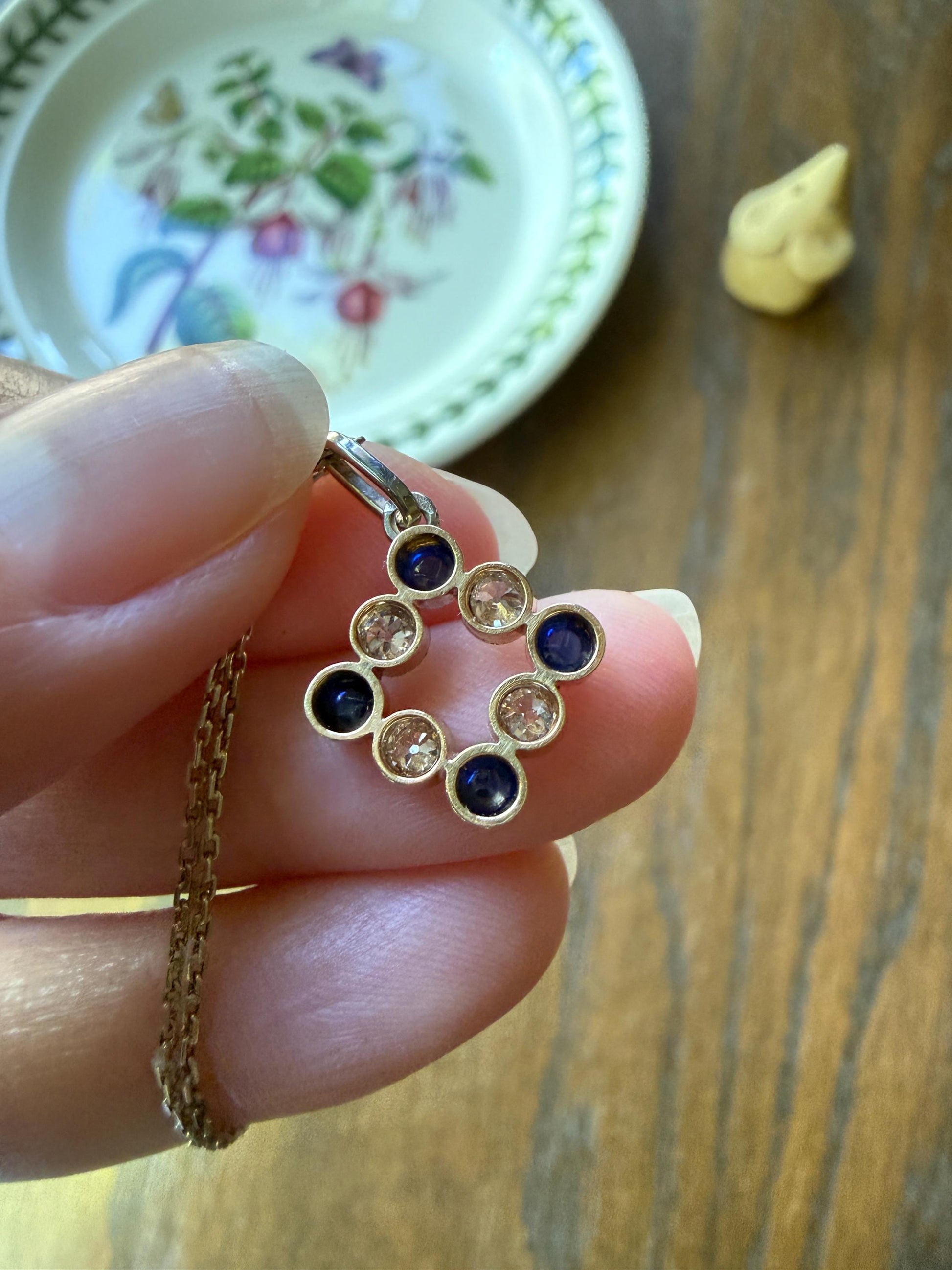 Antique Natural Sapphire .8 Carat Old Mine Cut DIAMOND Pendant on Chain Necklace French Art Deco 18k Gold Platinum Geometric Glowing Blue