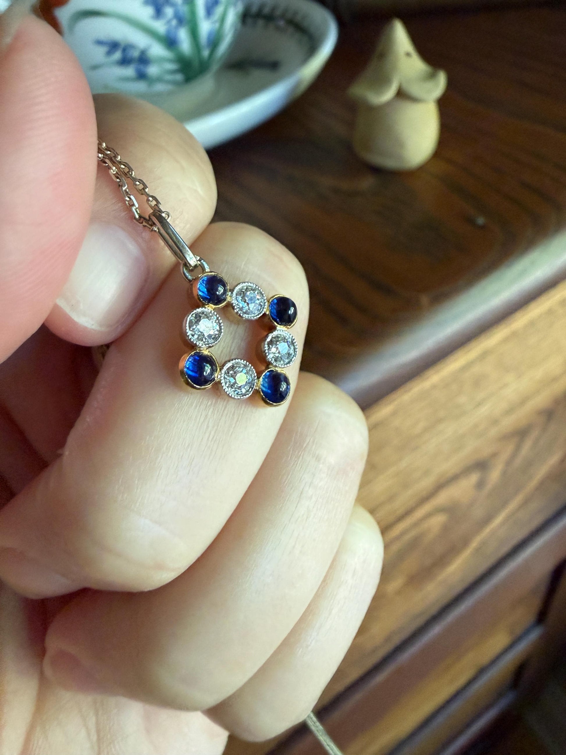 Antique Natural Sapphire .8 Carat Old Mine Cut DIAMOND Pendant on Chain Necklace French Art Deco 18k Gold Platinum Geometric Glowing Blue