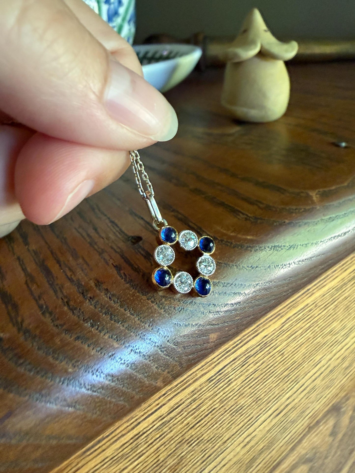 Antique Natural Sapphire .8 Carat Old Mine Cut DIAMOND Pendant on Chain Necklace French Art Deco 18k Gold Platinum Geometric Glowing Blue