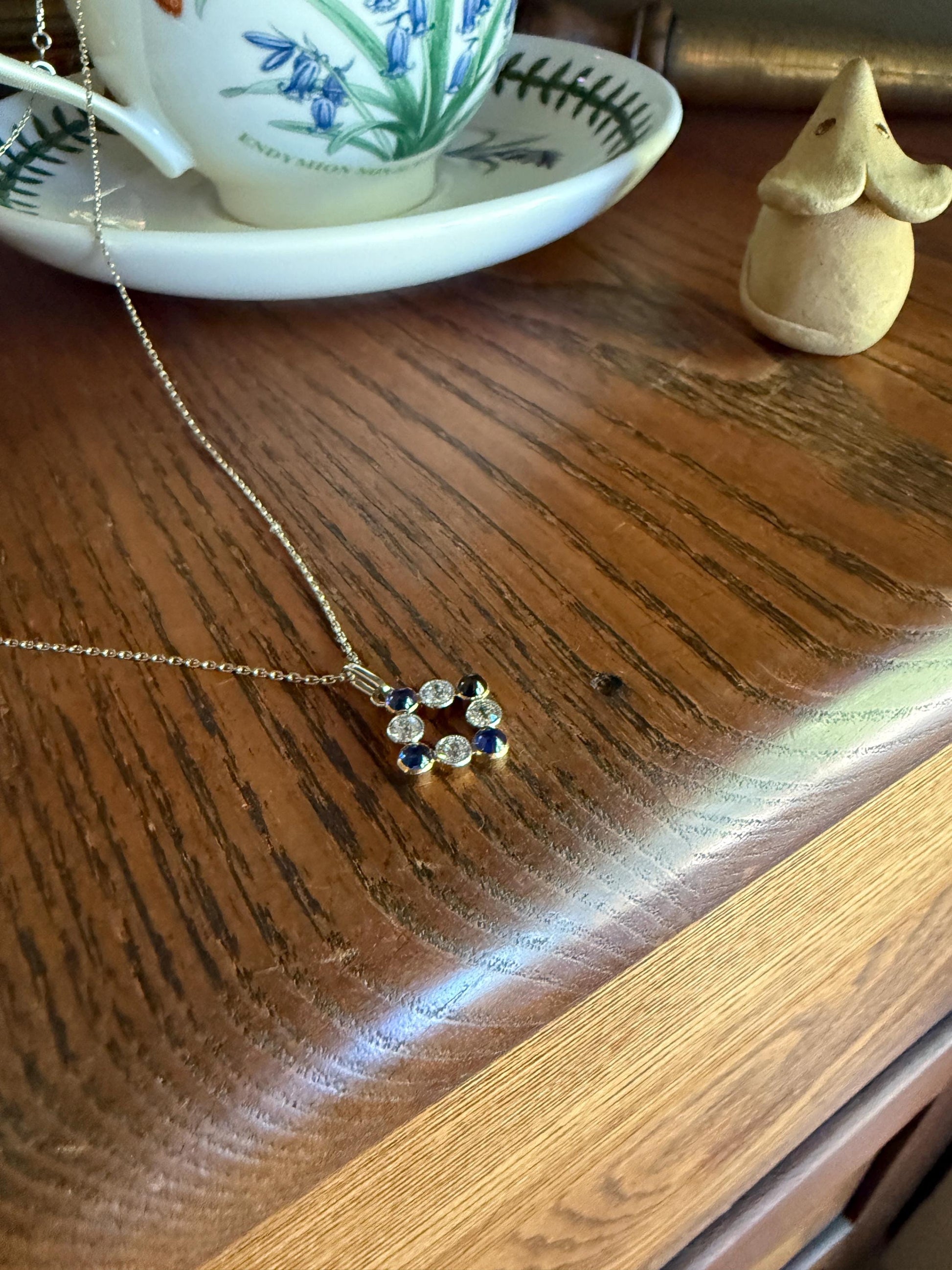 Antique Natural Sapphire .8 Carat Old Mine Cut DIAMOND Pendant on Chain Necklace French Art Deco 18k Gold Platinum Geometric Glowing Blue