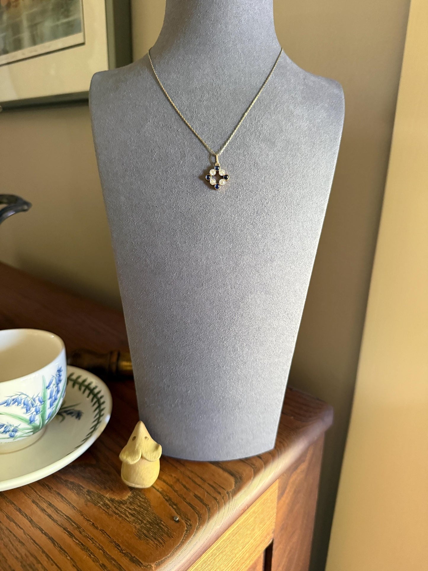 Antique Natural Sapphire .8 Carat Old Mine Cut DIAMOND Pendant on Chain Necklace French Art Deco 18k Gold Platinum Geometric Glowing Blue