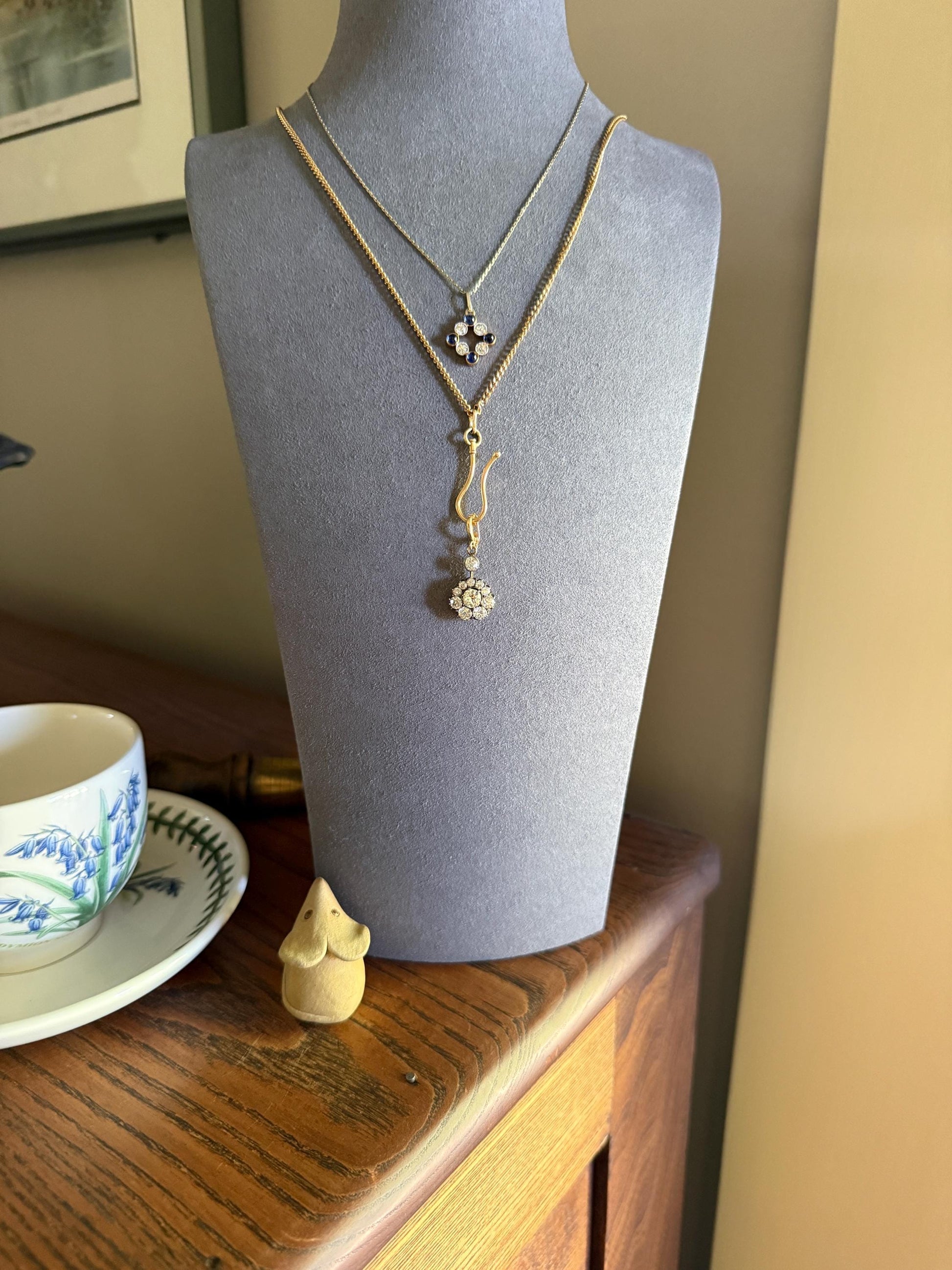 Antique Natural Sapphire .8 Carat Old Mine Cut DIAMOND Pendant on Chain Necklace French Art Deco 18k Gold Platinum Geometric Glowing Blue