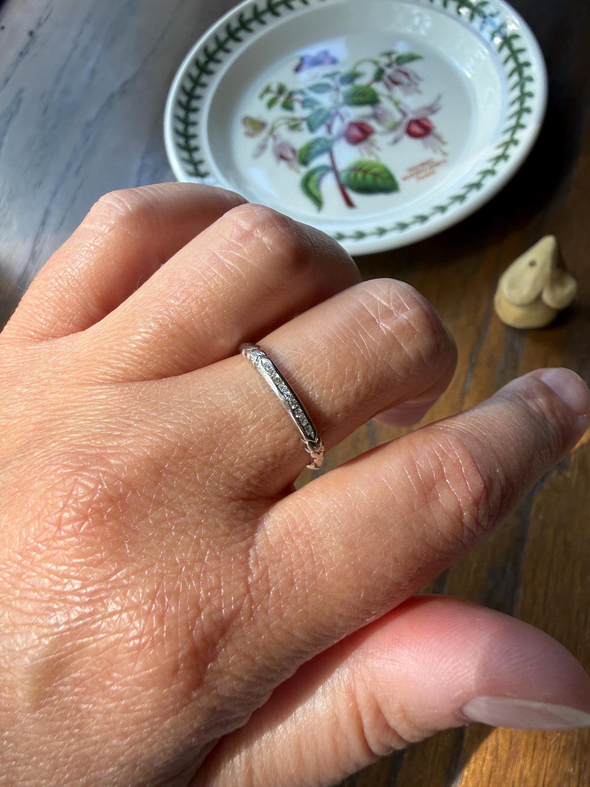 Antique Floral Skinniest Skinny Band Nine Stone Diamond Ring 14k White Gold Orange Blossom Forget Me Not Stacker Art Deco Wedding