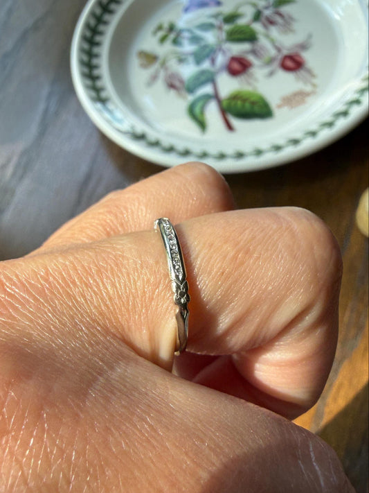 Antique Floral Skinniest Skinny Band Nine Stone Diamond Ring 14k White Gold Orange Blossom Forget Me Not Stacker Art Deco Wedding