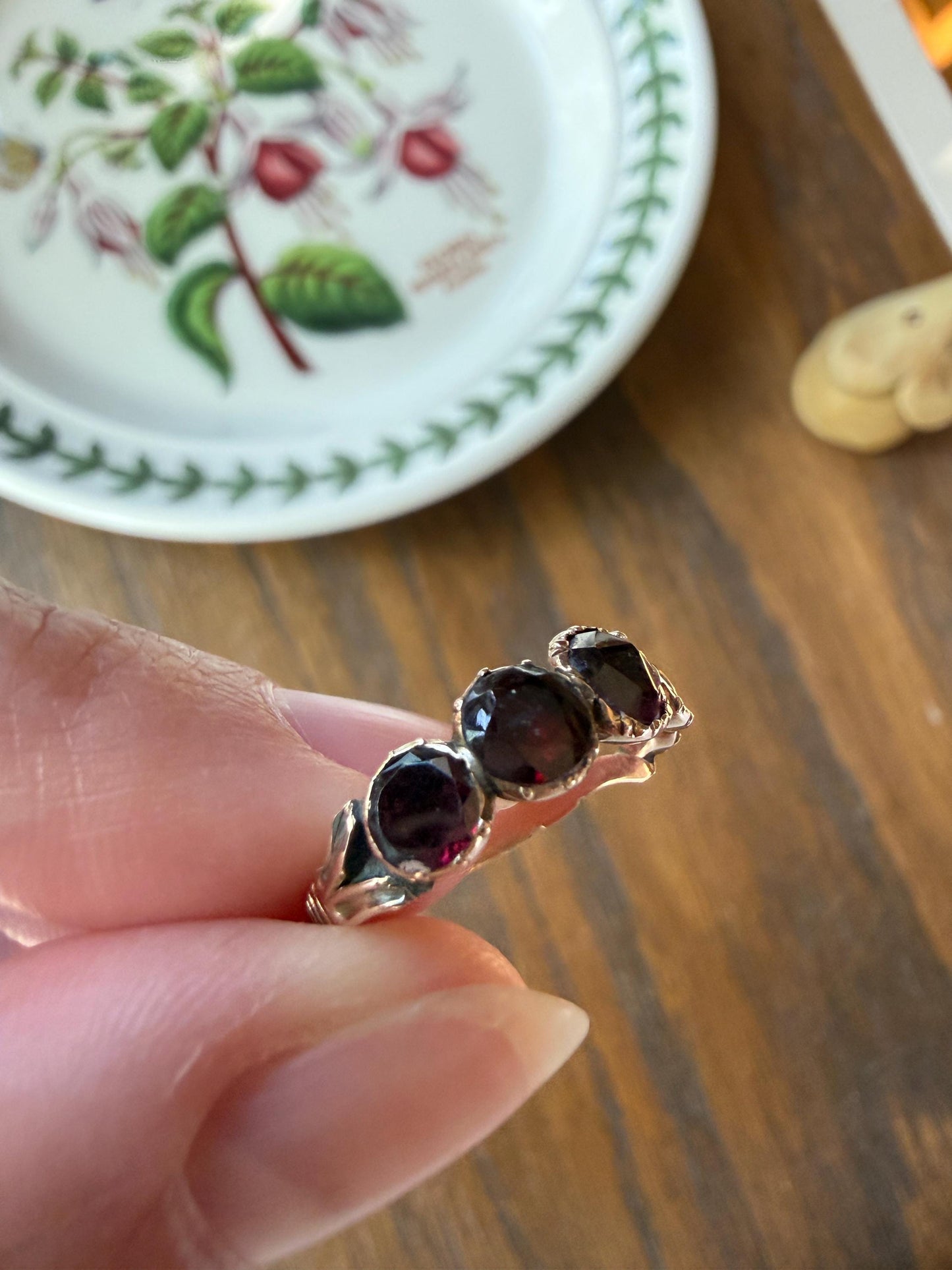 Antique Flat Rose Cut Garnet Red Purple Five Stone Ring 12k Gold Collet Half Hoop Skinny Band Stacker Victorian to Georgian Era 1800s