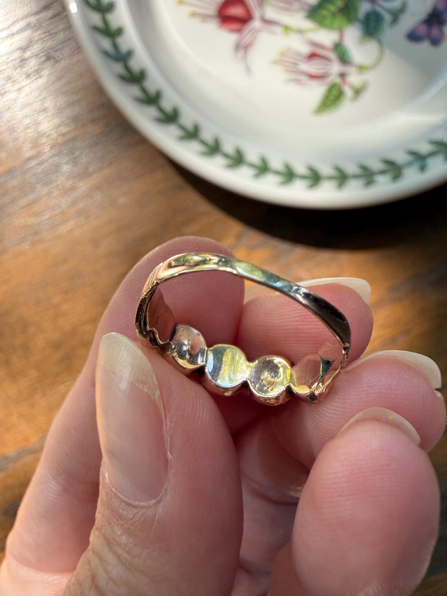 Antique Flat Rose Cut Garnet Red Purple Five Stone Ring 12k Gold Collet Half Hoop Skinny Band Stacker Victorian to Georgian Era 1800s