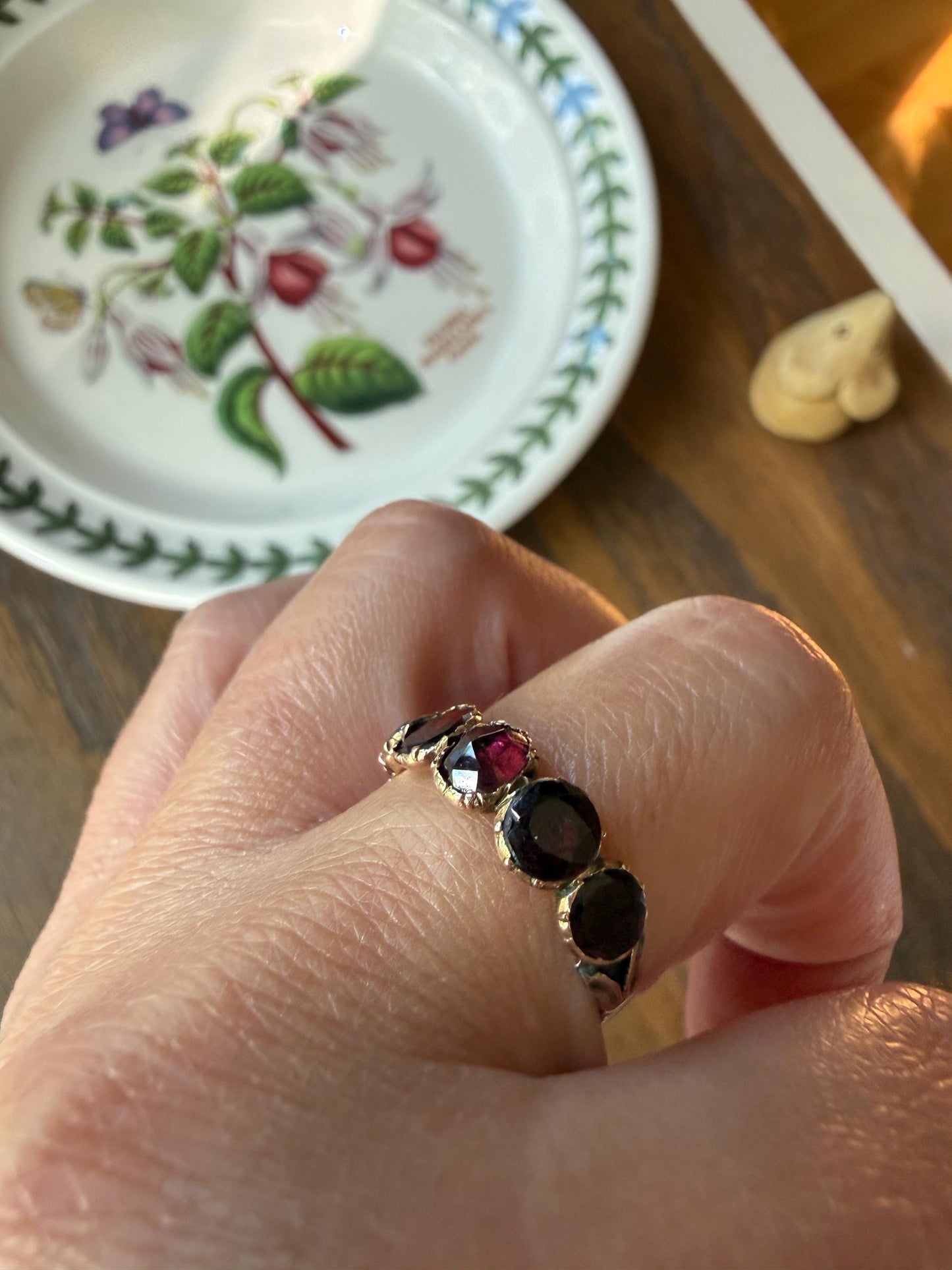 Antique Flat Rose Cut Garnet Red Purple Five Stone Ring 12k Gold Collet Half Hoop Skinny Band Stacker Victorian to Georgian Era 1800s