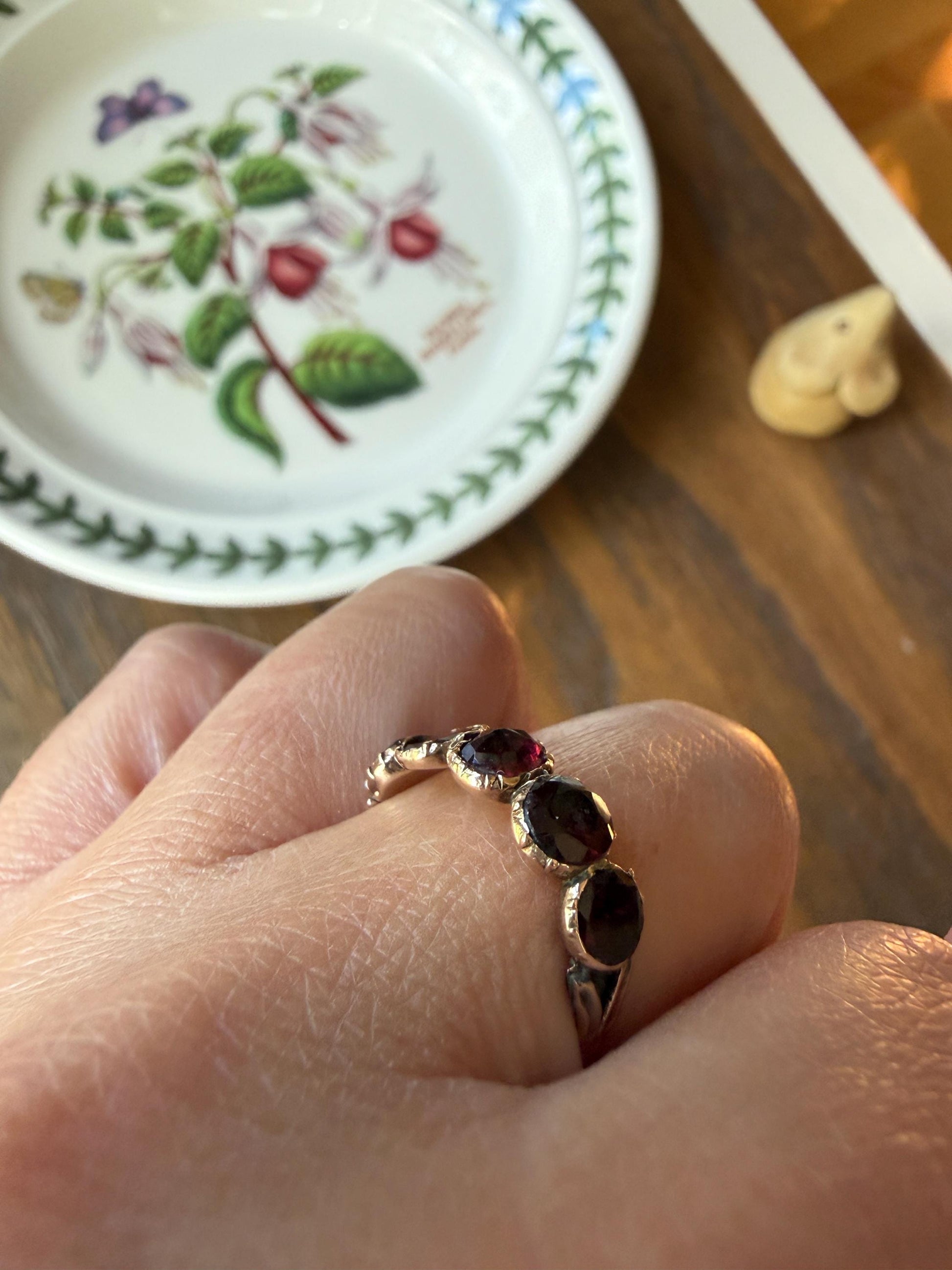 Antique Flat Rose Cut Garnet Red Purple Five Stone Ring 12k Gold Collet Half Hoop Skinny Band Stacker Victorian to Georgian Era 1800s