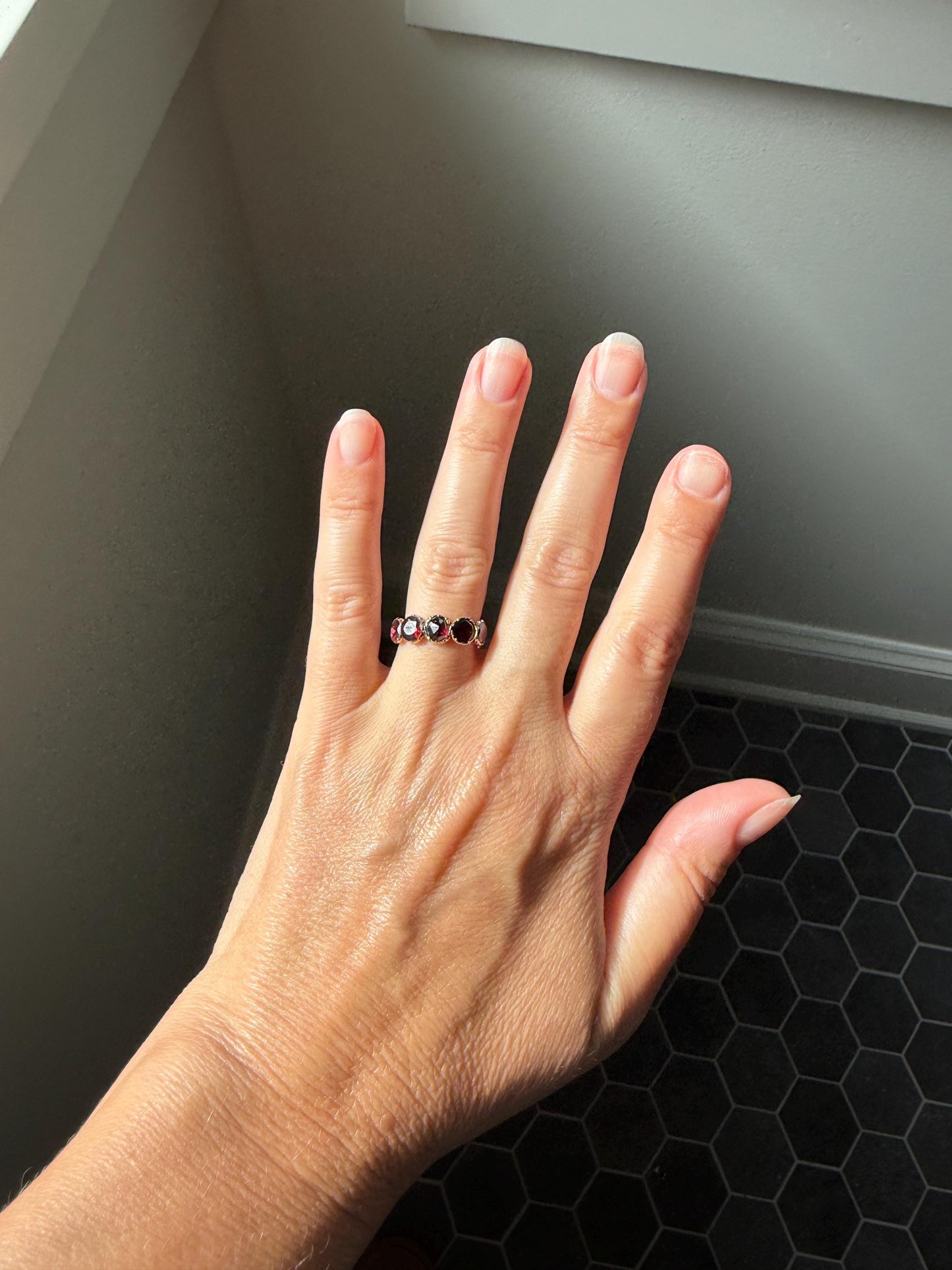 Antique Flat Rose Cut Garnet Red Purple Five Stone Ring 12k Gold Collet Half Hoop Skinny Band Stacker Victorian to Georgian Era 1800s