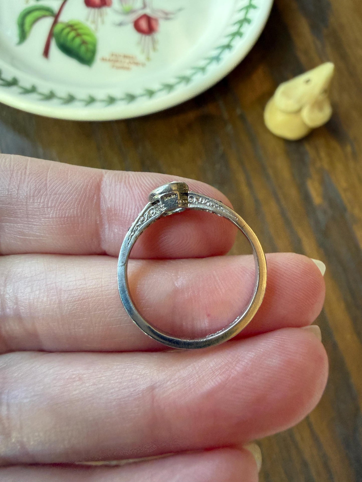 Antique Engraved Old Mine Cut DIAMOND .7 Carat Seven Stone PLATINUM Solitaire with Accents Bezel Set Diamond Band Engagement Ring Stacker