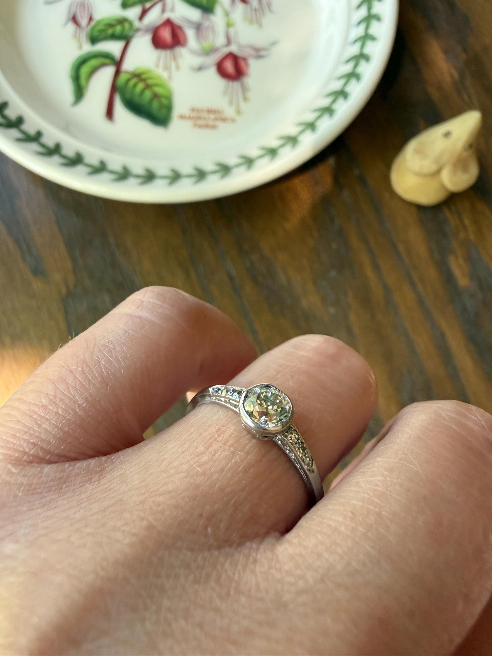 Antique Engraved Old Mine Cut DIAMOND .7 Carat Seven Stone PLATINUM Solitaire with Accents Bezel Set Diamond Band Engagement Ring Stacker