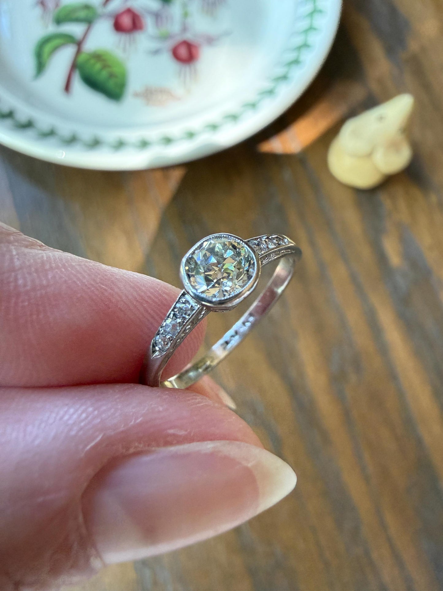 Antique Engraved Old Mine Cut DIAMOND .7 Carat Seven Stone PLATINUM Solitaire with Accents Bezel Set Diamond Band Engagement Ring Stacker