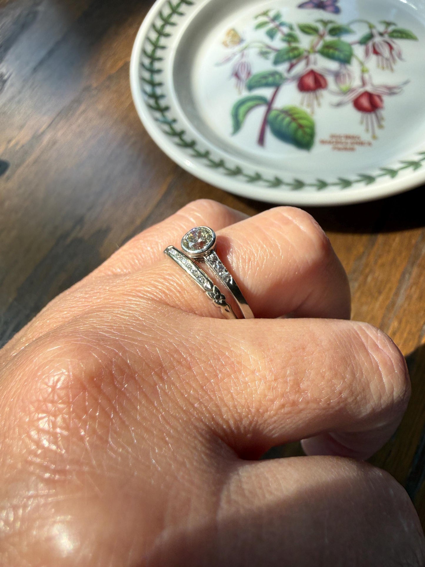 Antique Engraved Old Mine Cut DIAMOND .7 Carat Seven Stone PLATINUM Solitaire with Accents Bezel Set Diamond Band Engagement Ring Stacker
