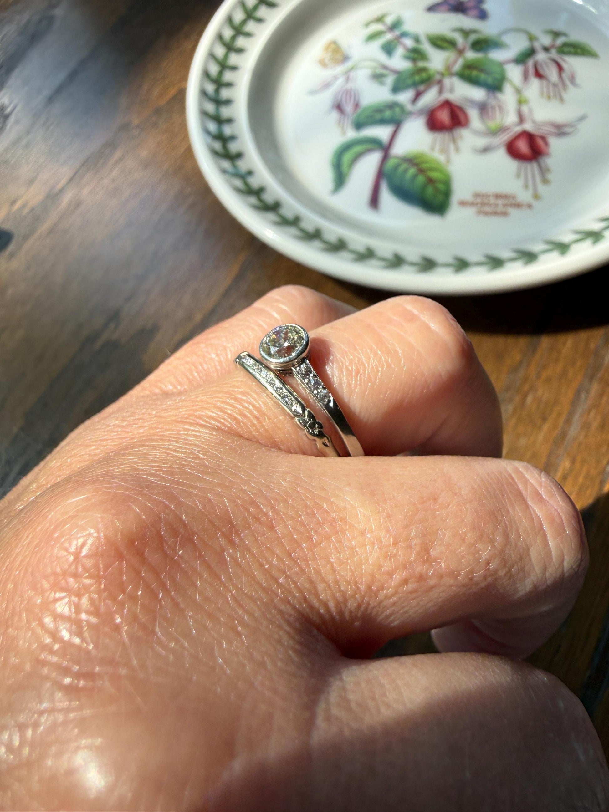 Antique Engraved Old Mine Cut DIAMOND .7 Carat Seven Stone PLATINUM Solitaire with Accents Bezel Set Diamond Band Engagement Ring Stacker