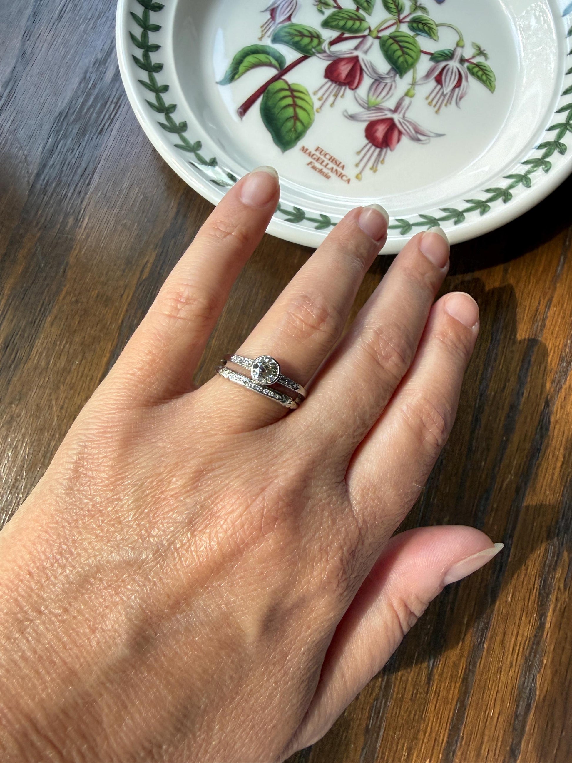 Antique Engraved Old Mine Cut DIAMOND .7 Carat Seven Stone PLATINUM Solitaire with Accents Bezel Set Diamond Band Engagement Ring Stacker