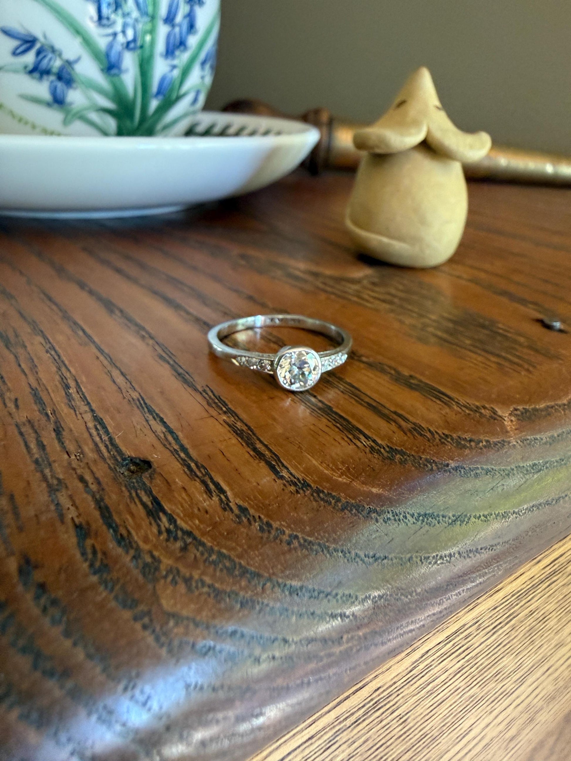 Antique Engraved Old Mine Cut DIAMOND .7 Carat Seven Stone PLATINUM Solitaire with Accents Bezel Set Diamond Band Engagement Ring Stacker