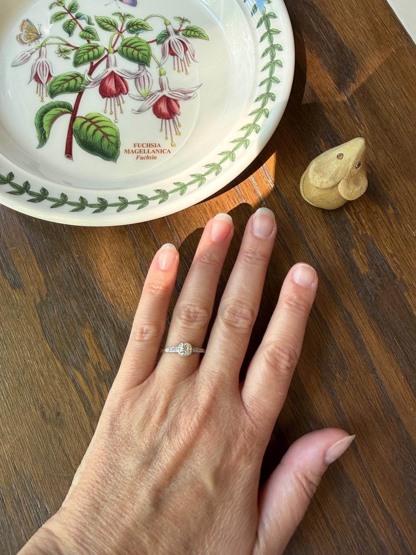 Antique Engraved Old Mine Cut DIAMOND .7 Carat Seven Stone PLATINUM Solitaire with Accents Bezel Set Diamond Band Engagement Ring Stacker