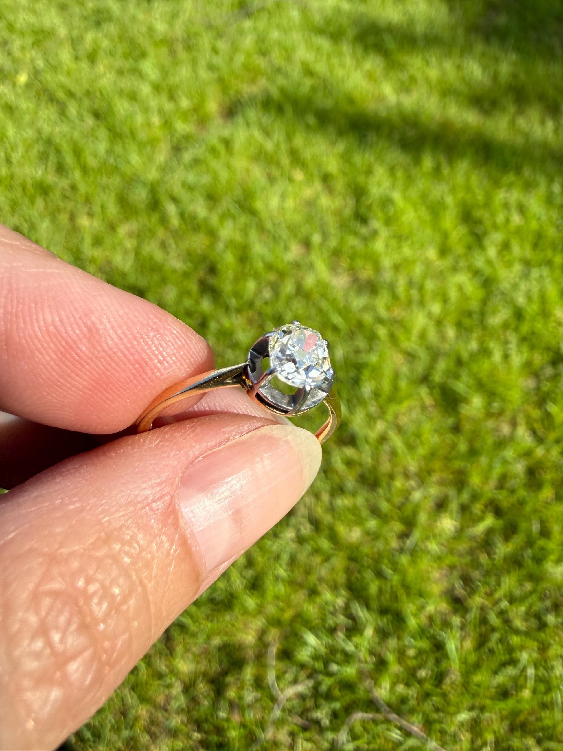 Antique .75 CARAT Natural Old Mine Cushion Elongated DIAMOND Solitaire Engagement Ring 18k Gold Solid Yellow Prong