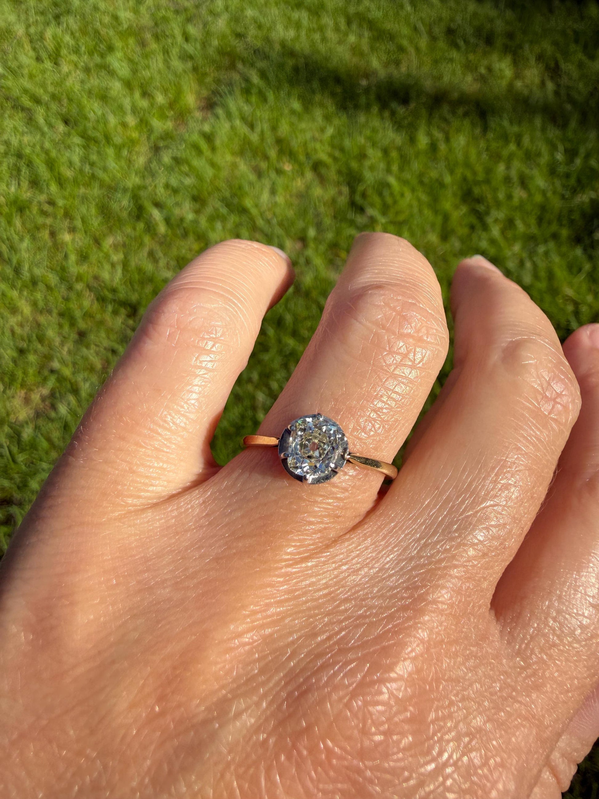 Antique .75 CARAT Natural Old Mine Cushion Elongated DIAMOND Solitaire Engagement Ring 18k Gold Solid Yellow Prong