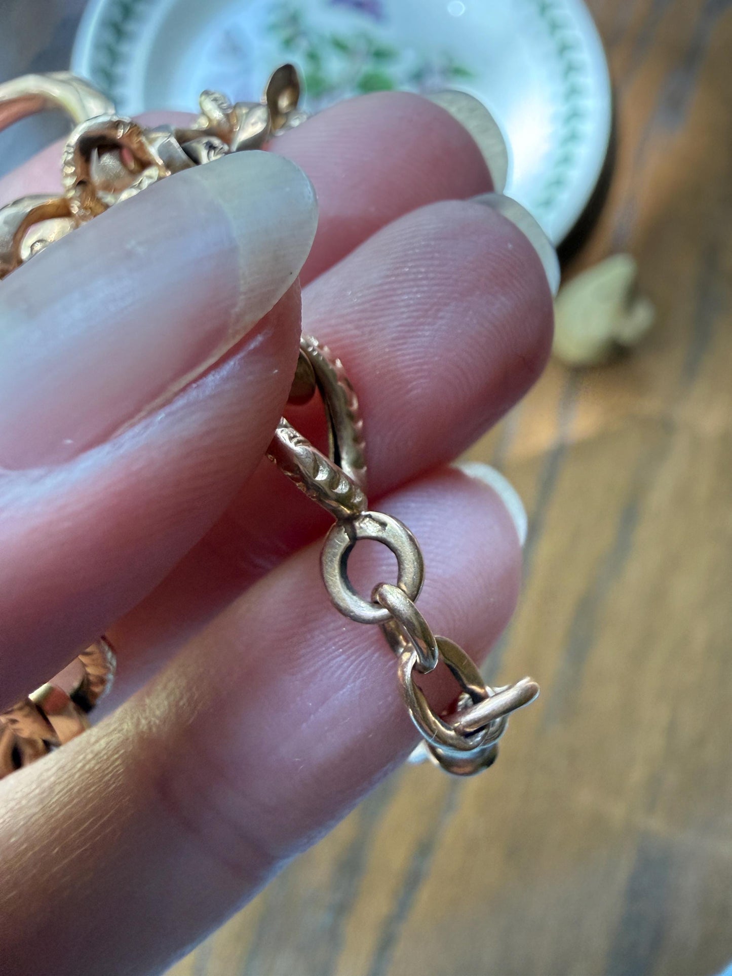 French Antique 14.4g 18k GOLD Solid Curb Embossed Link Watch Chain XL Faceted Spring Ring Dog Clip Extender Bracelet Connector