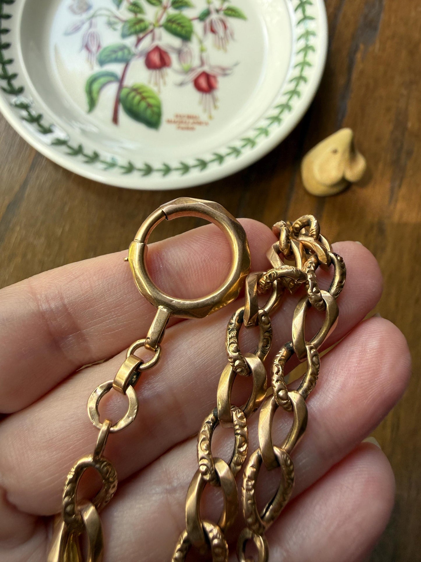 French Antique 14.4g 18k GOLD Solid Curb Embossed Link Watch Chain XL Faceted Spring Ring Dog Clip Extender Bracelet Connector
