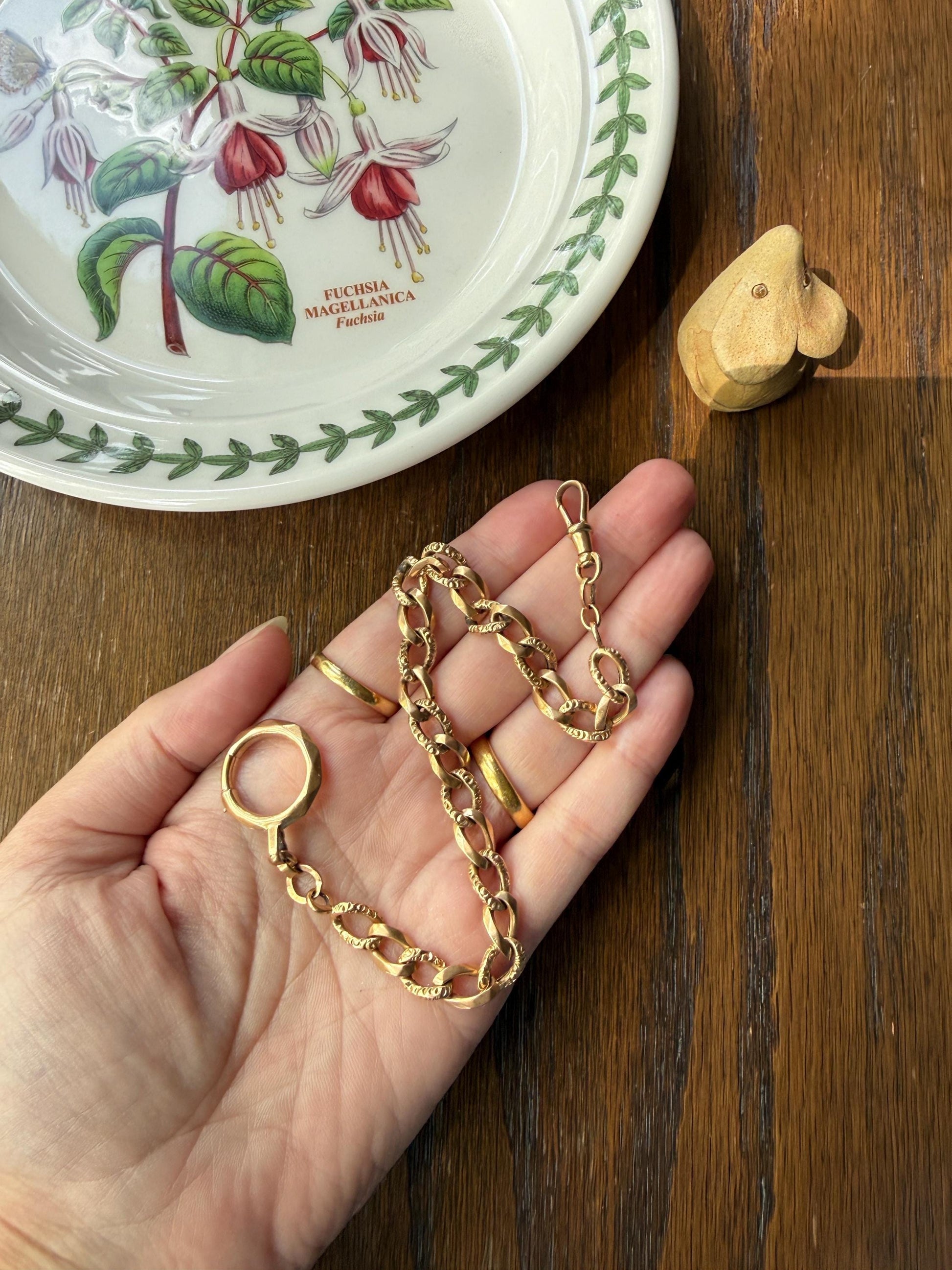 French Antique 14.4g 18k GOLD Solid Curb Embossed Link Watch Chain XL Faceted Spring Ring Dog Clip Extender Bracelet Connector