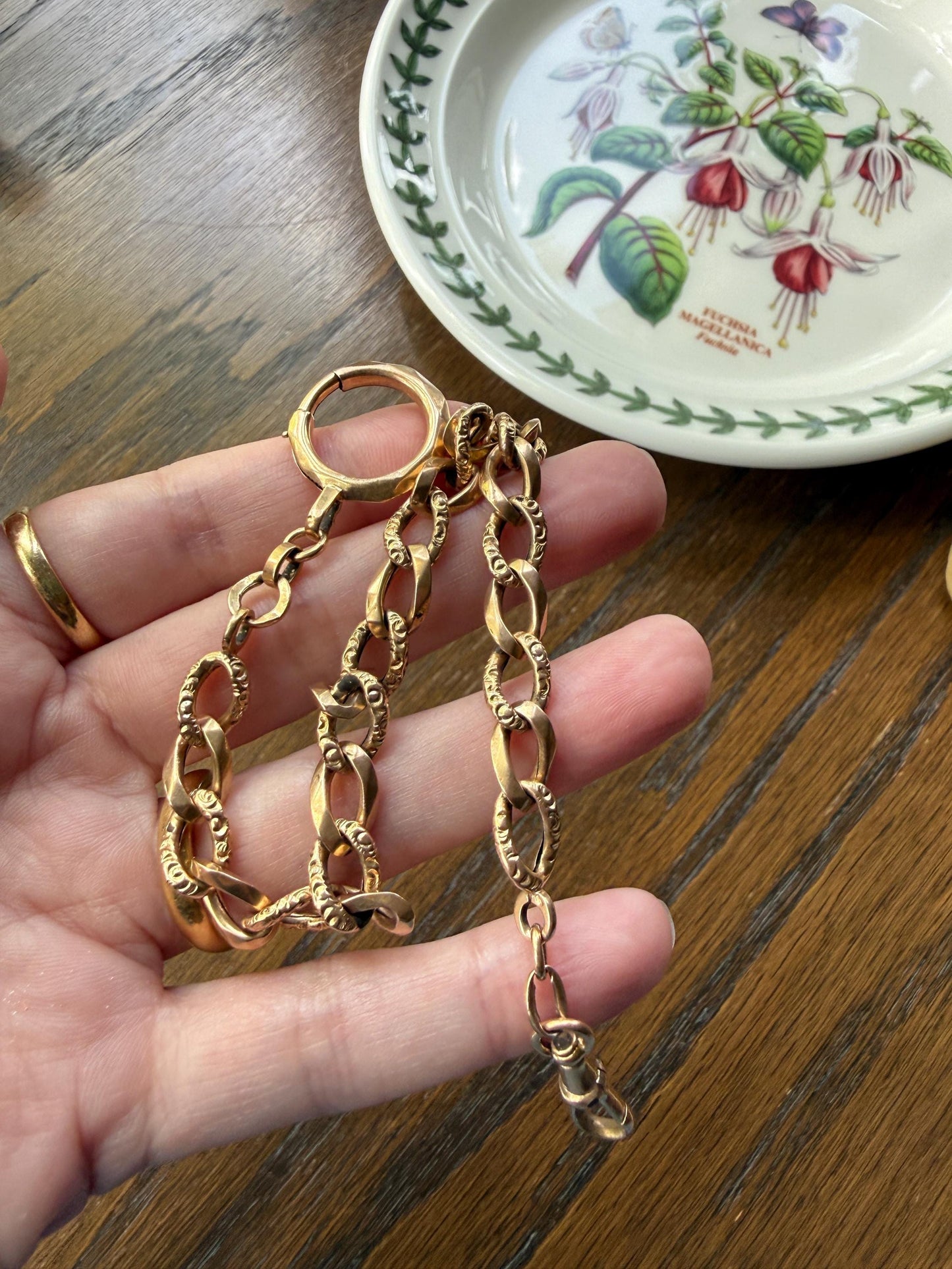 French Antique 14.4g 18k GOLD Solid Curb Embossed Link Watch Chain XL Faceted Spring Ring Dog Clip Extender Bracelet Connector