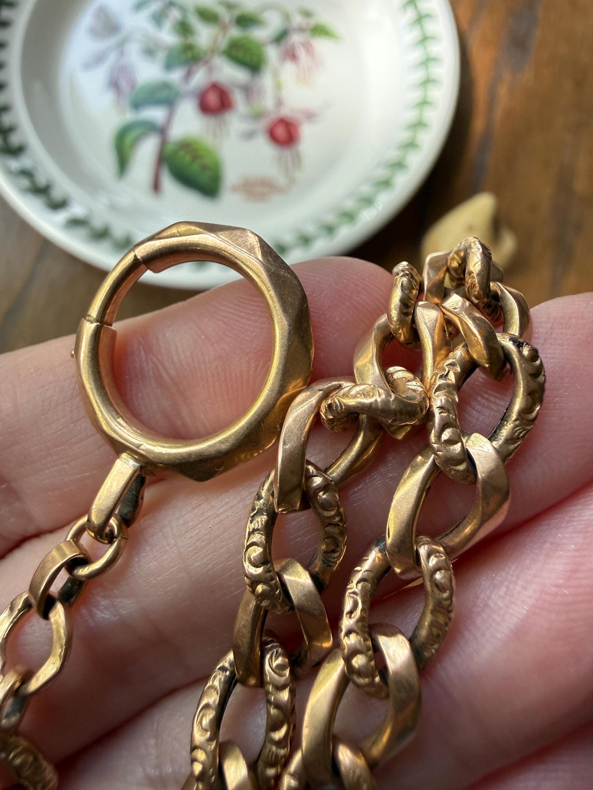 French Antique 14.4g 18k GOLD Solid Curb Embossed Link Watch Chain XL Faceted Spring Ring Dog Clip Extender Bracelet Connector