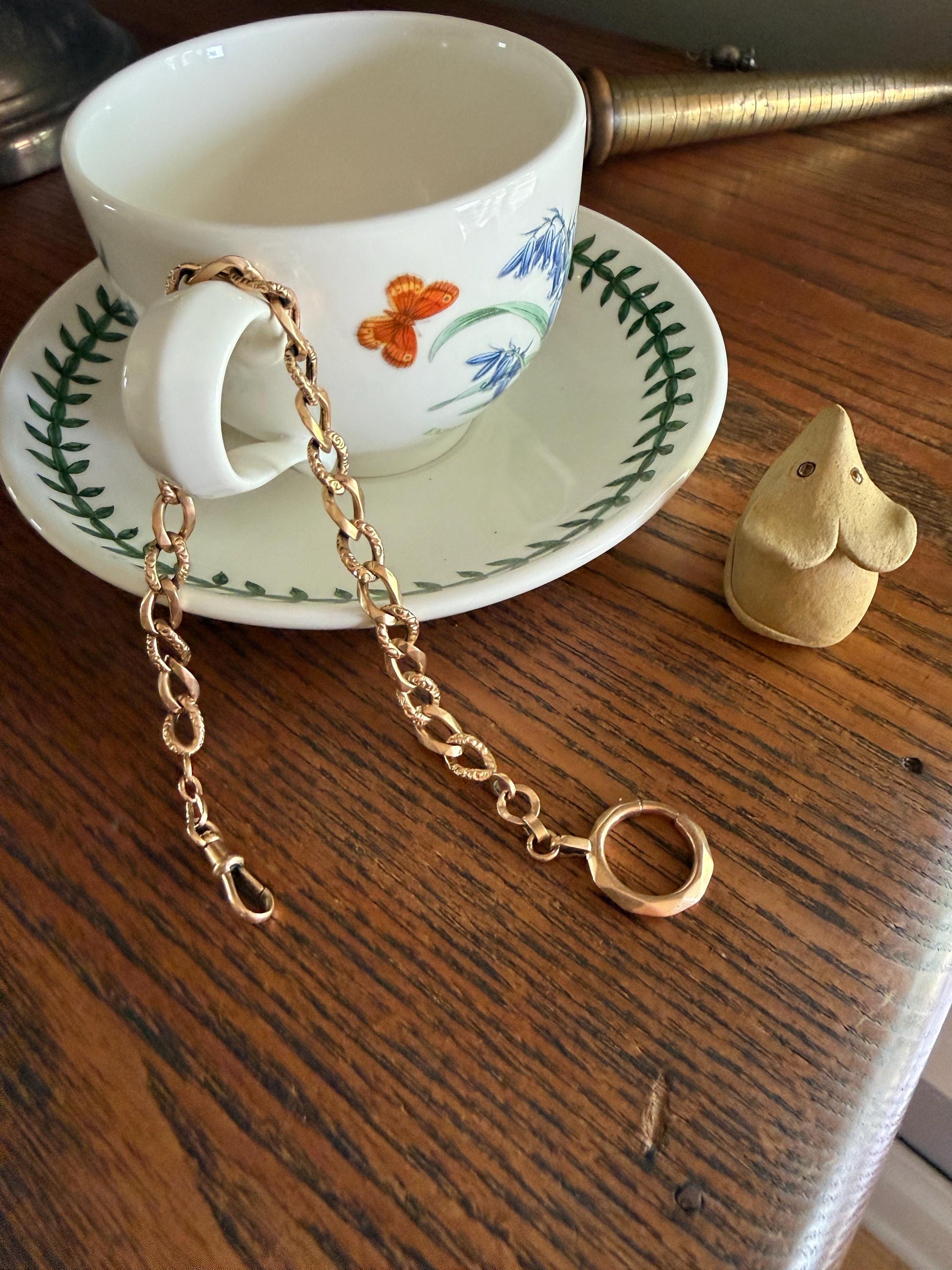 French Antique 14.4g 18k GOLD Solid Curb Embossed Link Watch Chain XL Faceted Spring Ring Dog Clip Extender Bracelet Connector