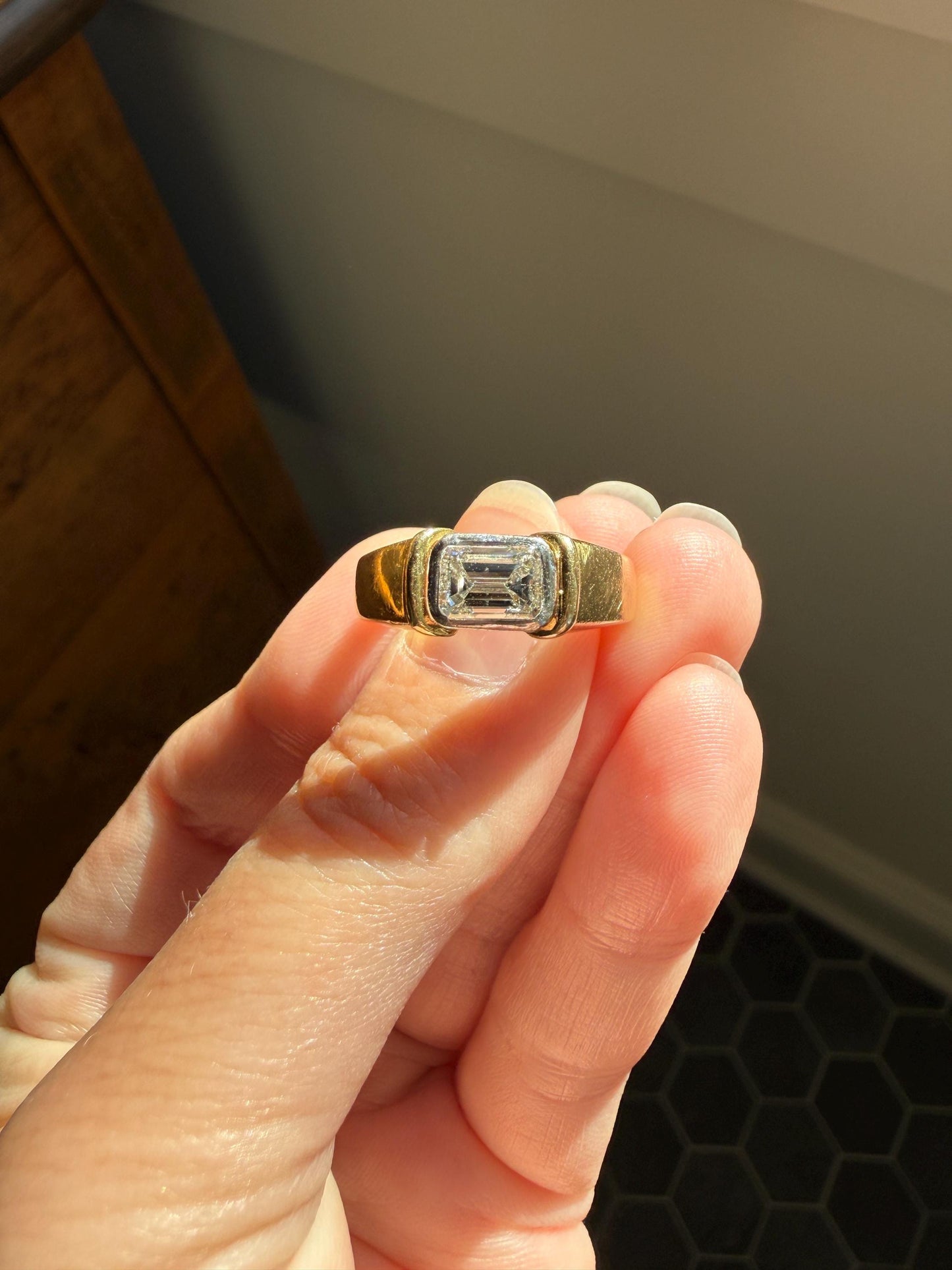 Vintage East West .9 Carat Emerald Cut DIAMOND Chunky 18k Gold and Platinum Bezel Ring French Wide Band Stacker Solitaire Alt Engagement