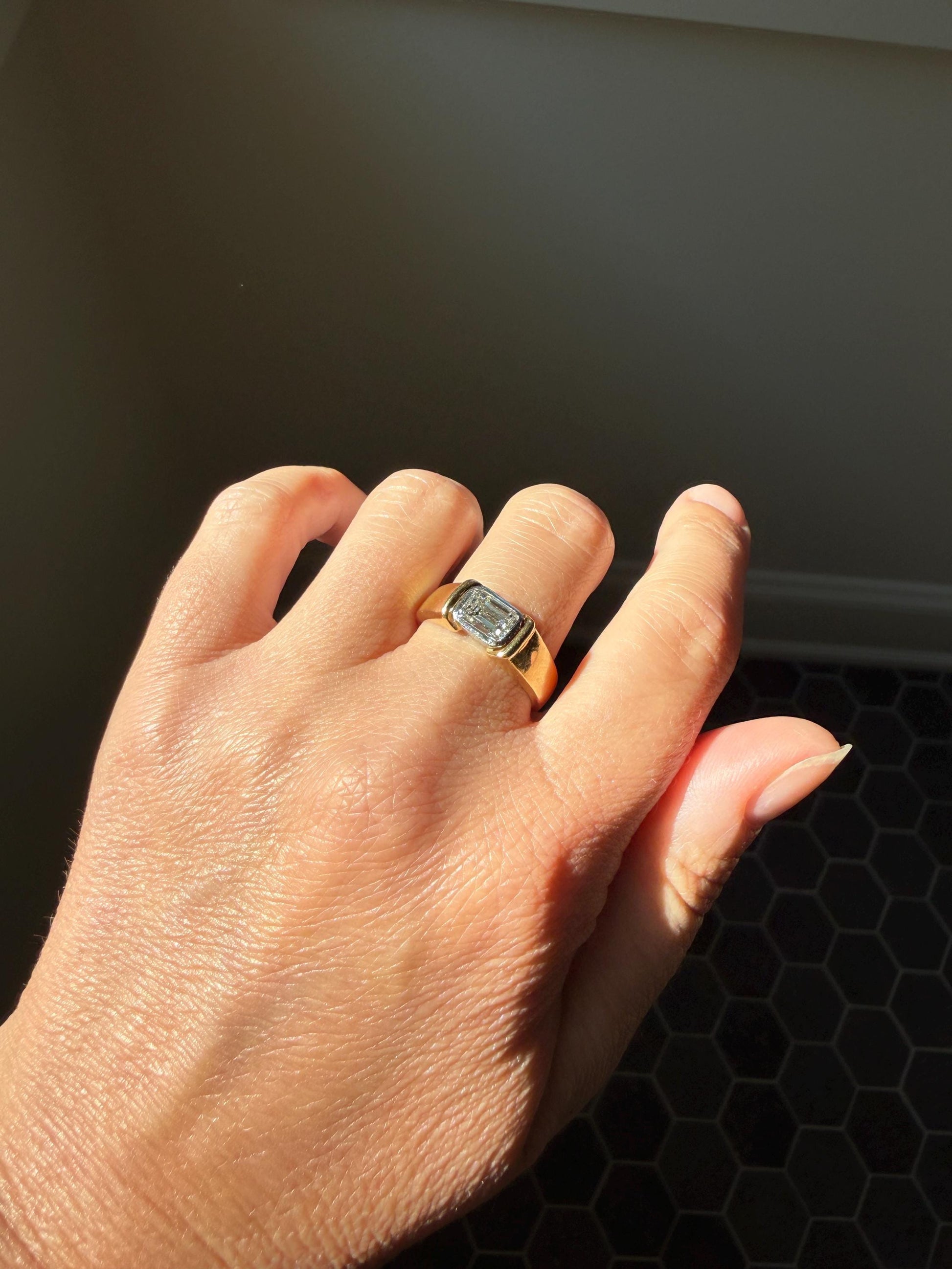 Vintage East West .9 Carat Emerald Cut DIAMOND Chunky 18k Gold and Platinum Bezel Ring French Wide Band Stacker Solitaire Alt Engagement