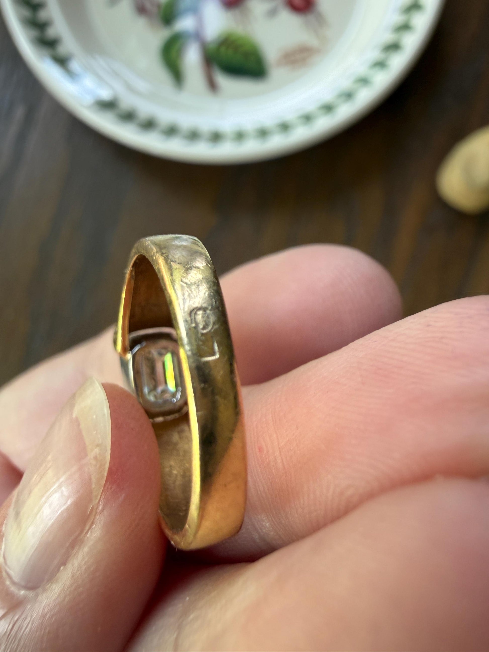 Vintage East West .9 Carat Emerald Cut DIAMOND Chunky 18k Gold and Platinum Bezel Ring French Wide Band Stacker Solitaire Alt Engagement