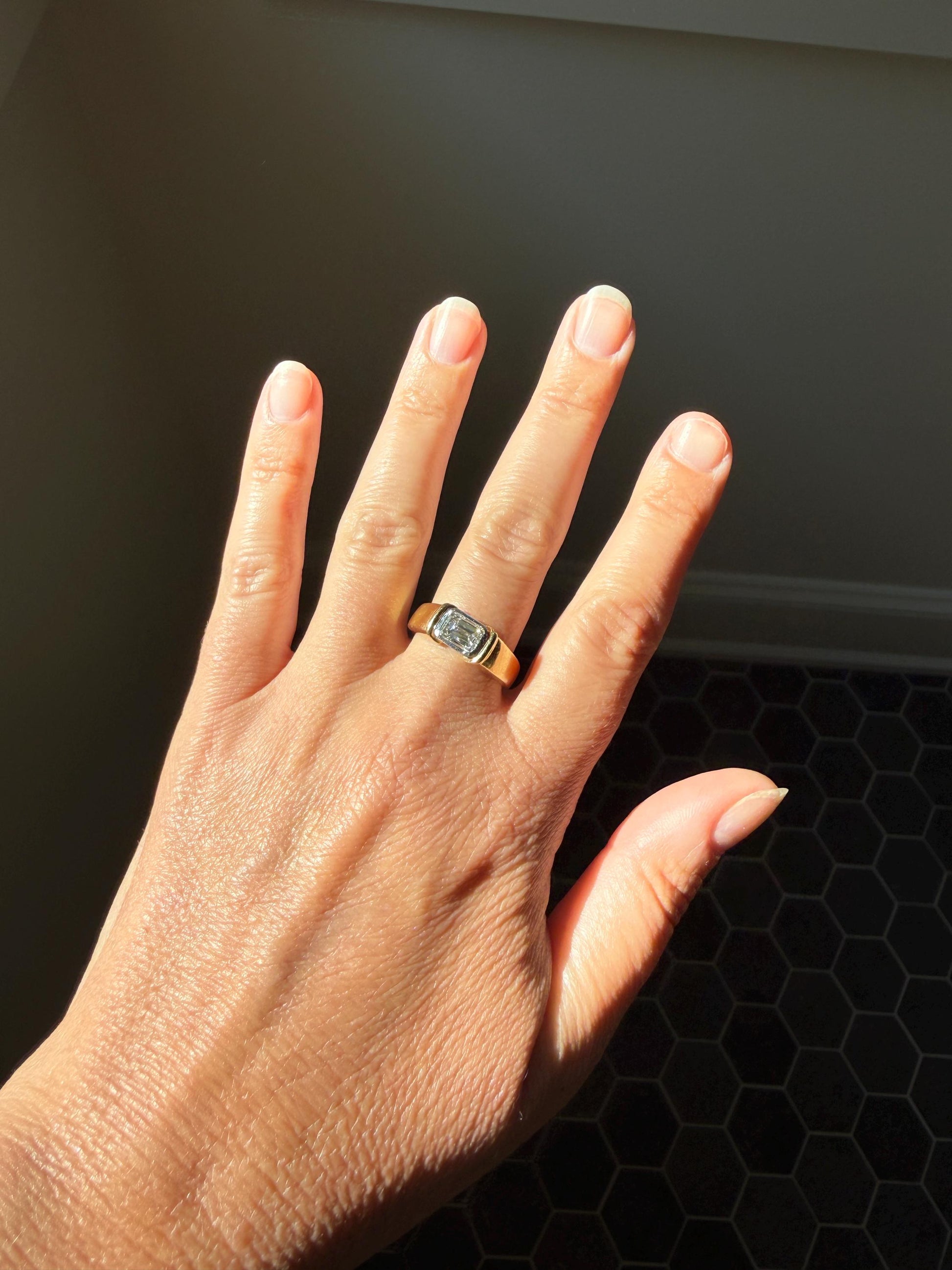 Vintage East West .9 Carat Emerald Cut DIAMOND Chunky 18k Gold and Platinum Bezel Ring French Wide Band Stacker Solitaire Alt Engagement