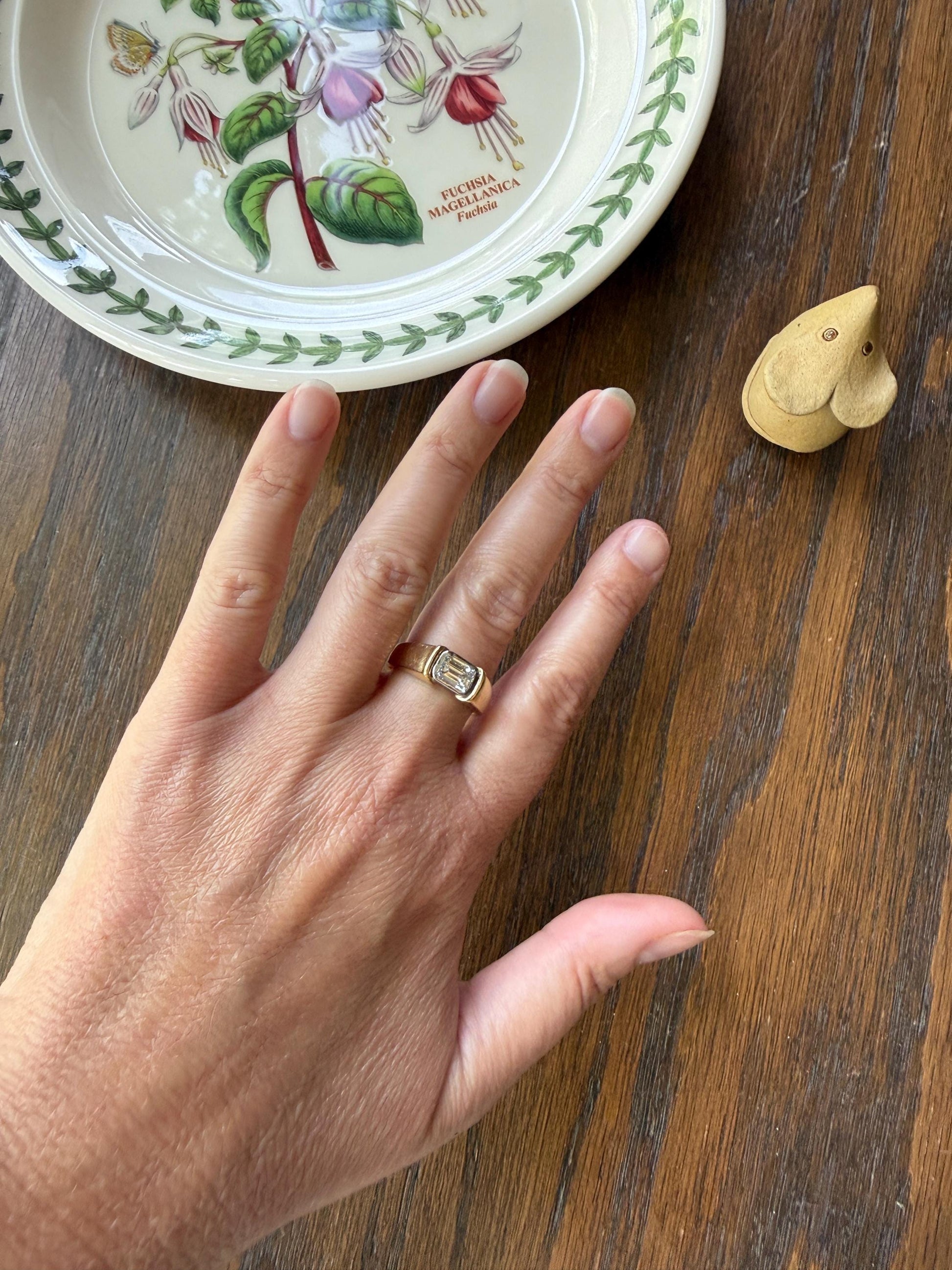 Vintage East West .9 Carat Emerald Cut DIAMOND Chunky 18k Gold and Platinum Bezel Ring French Wide Band Stacker Solitaire Alt Engagement