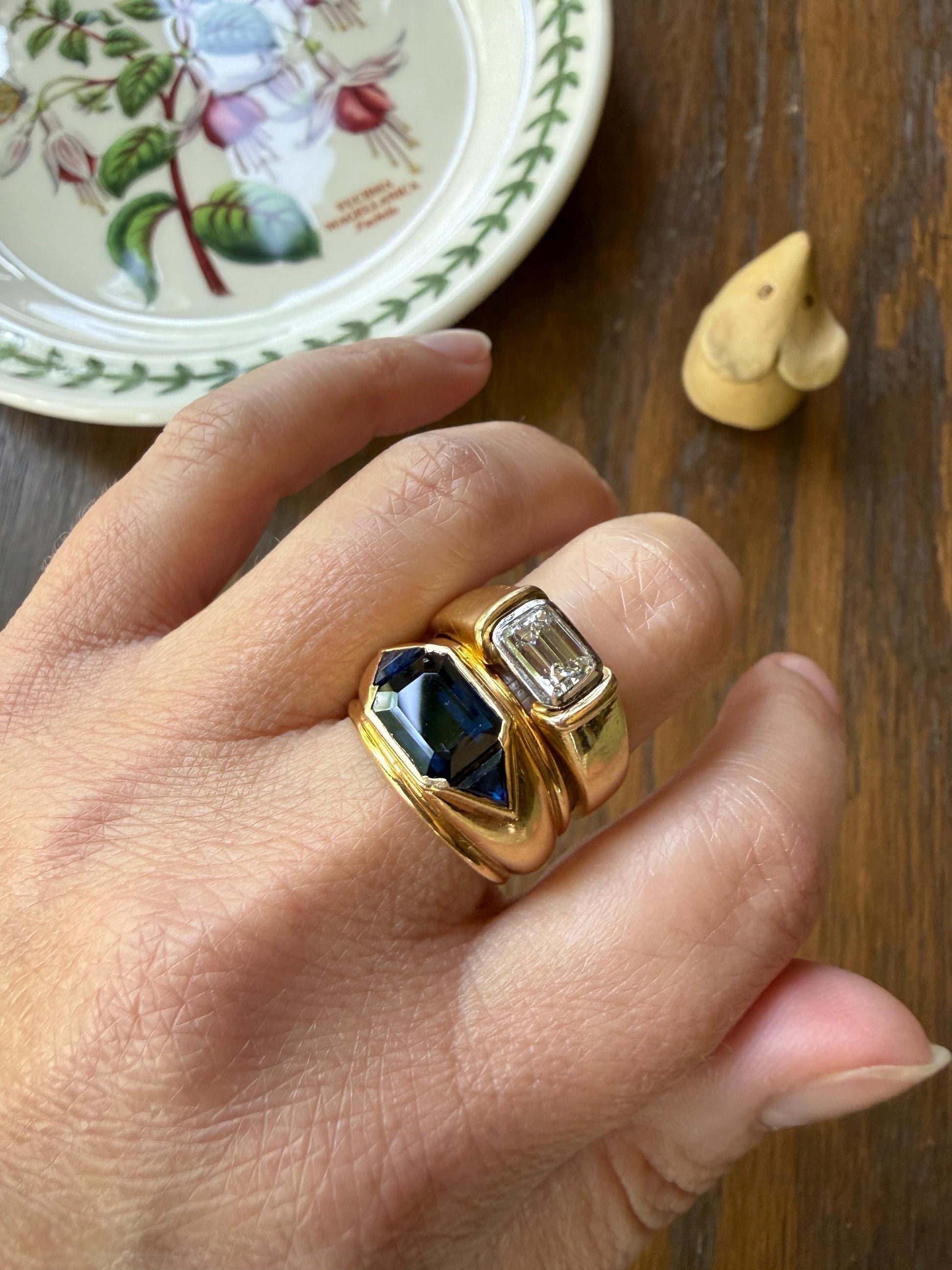 Vintage East West .9 Carat Emerald Cut DIAMOND Chunky 18k Gold and Platinum Bezel Ring French Wide Band Stacker Solitaire Alt Engagement