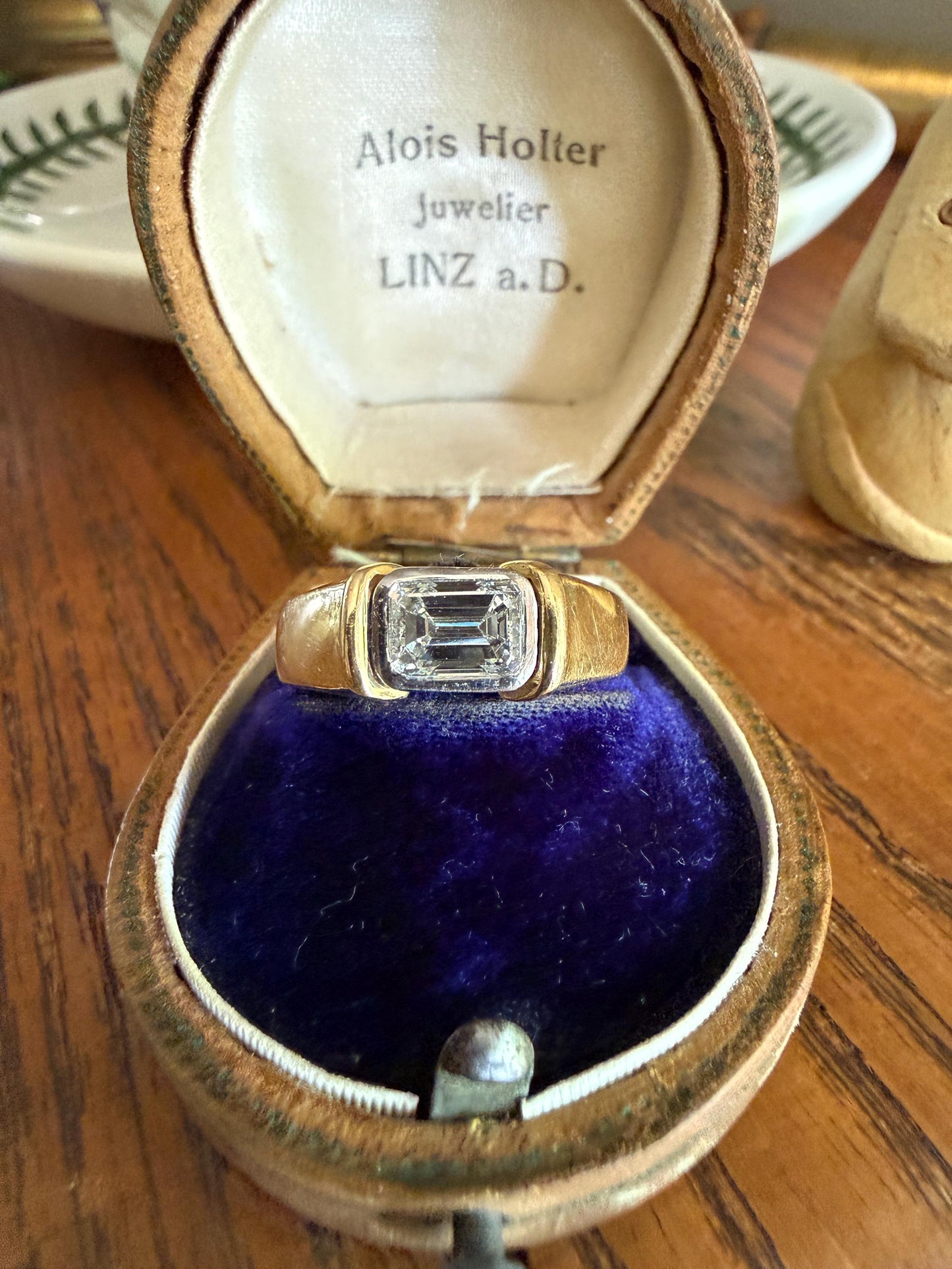Vintage East West .9 Carat Emerald Cut DIAMOND Chunky 18k Gold and Platinum Bezel Ring French Wide Band Stacker Solitaire Alt Engagement
