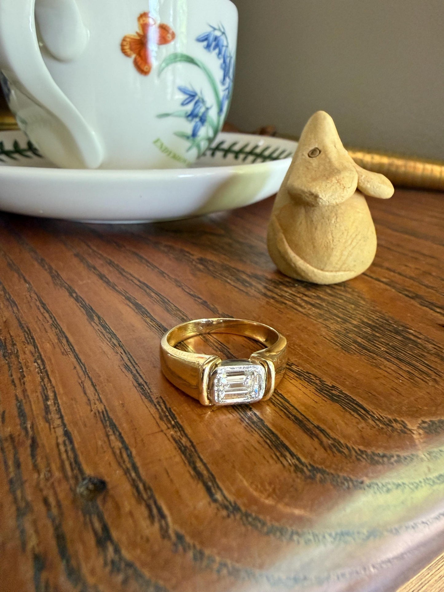 Vintage East West .9 Carat Emerald Cut DIAMOND Chunky 18k Gold and Platinum Bezel Ring French Wide Band Stacker Solitaire Alt Engagement