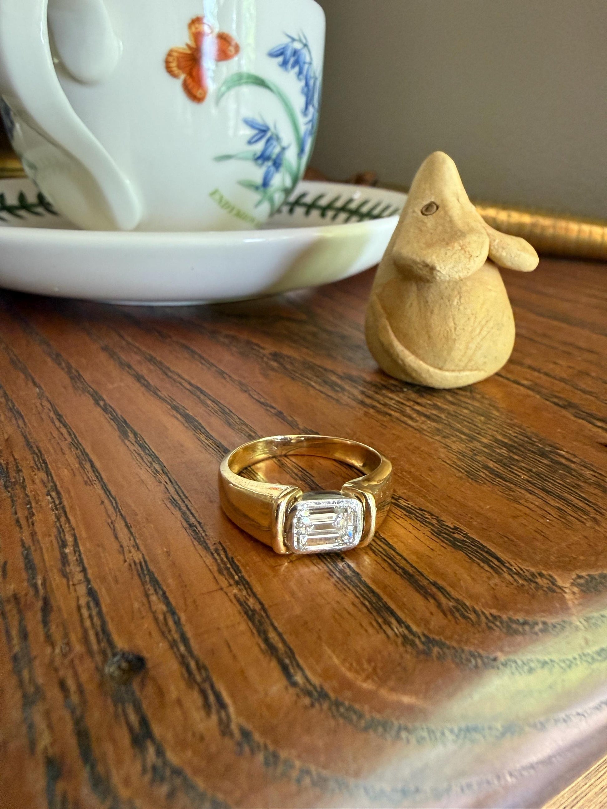 Vintage East West .9 Carat Emerald Cut DIAMOND Chunky 18k Gold and Platinum Bezel Ring French Wide Band Stacker Solitaire Alt Engagement