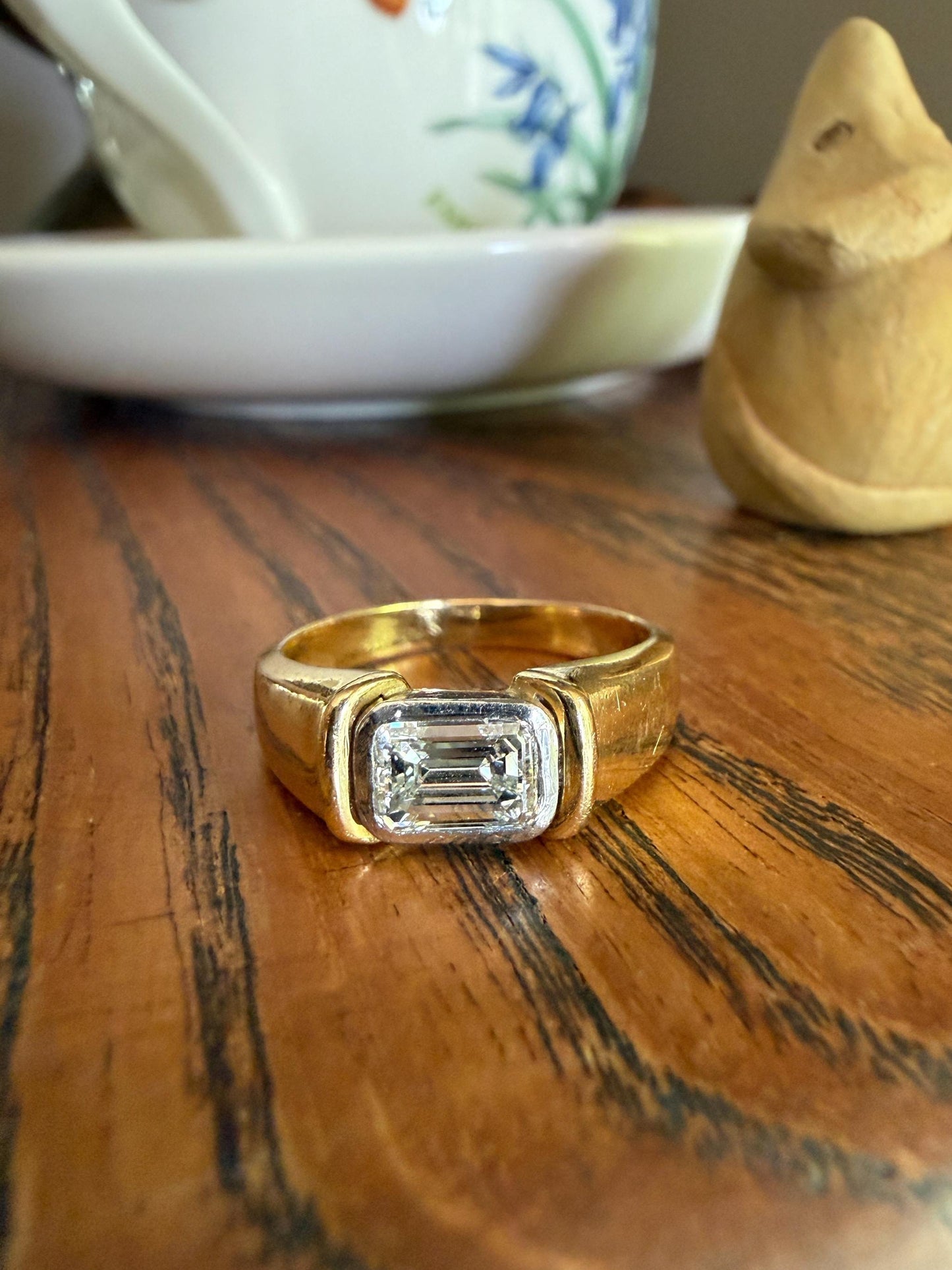 Vintage East West .9 Carat Emerald Cut DIAMOND Chunky 18k Gold and Platinum Bezel Ring French Wide Band Stacker Solitaire Alt Engagement