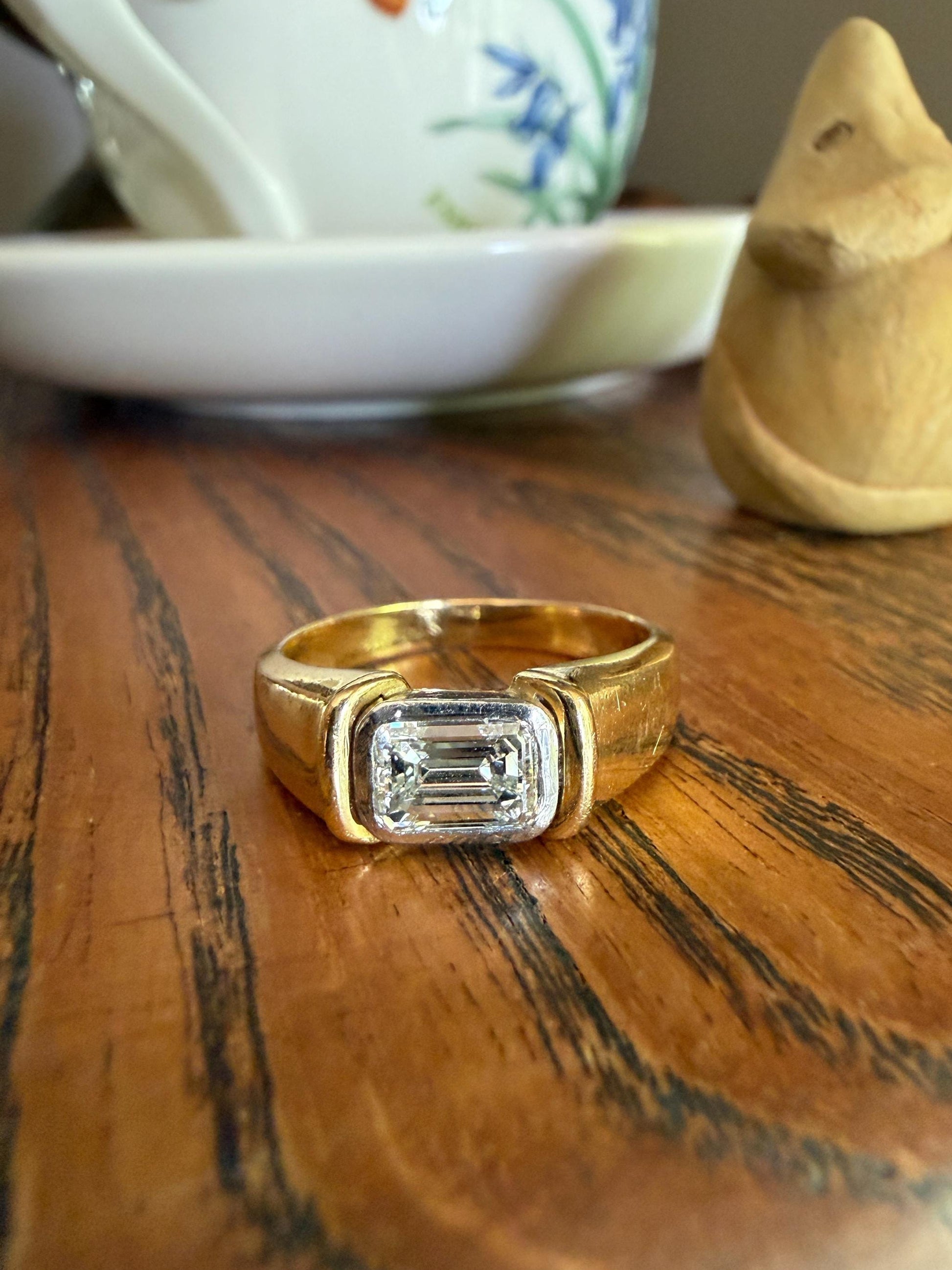 Vintage East West .9 Carat Emerald Cut DIAMOND Chunky 18k Gold and Platinum Bezel Ring French Wide Band Stacker Solitaire Alt Engagement