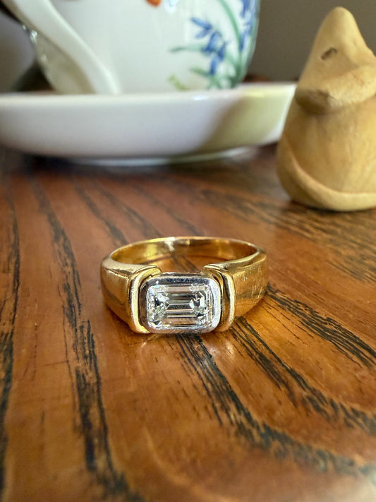 Vintage East West .9 Carat Emerald Cut DIAMOND Chunky 18k Gold and Platinum Bezel Ring French Wide Band Stacker Solitaire Alt Engagement